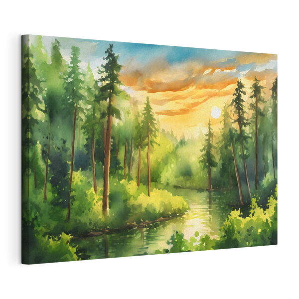 Acquerello raffigurante un fiume con alberi e cespugli e un tramonto Quadri Acquerello raffigurante un fiume con alberi e cespugli e un tramonto