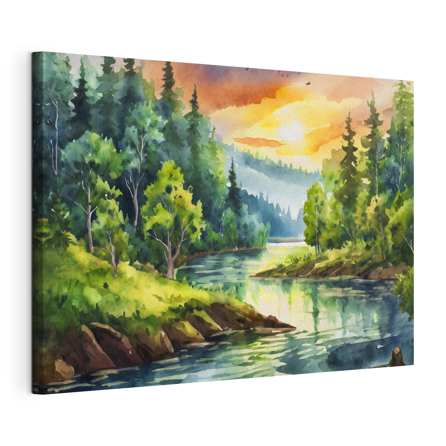Watercolor painting of a river with trees and mountains in the background Watercolor painting of a river with trees and mountains in the background