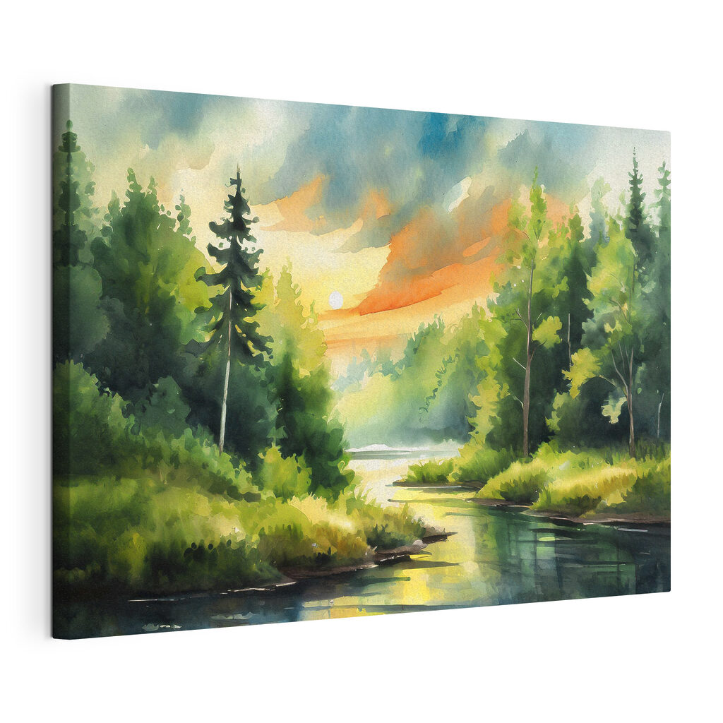 Watercolor painting of a river with trees and grass and a sunset