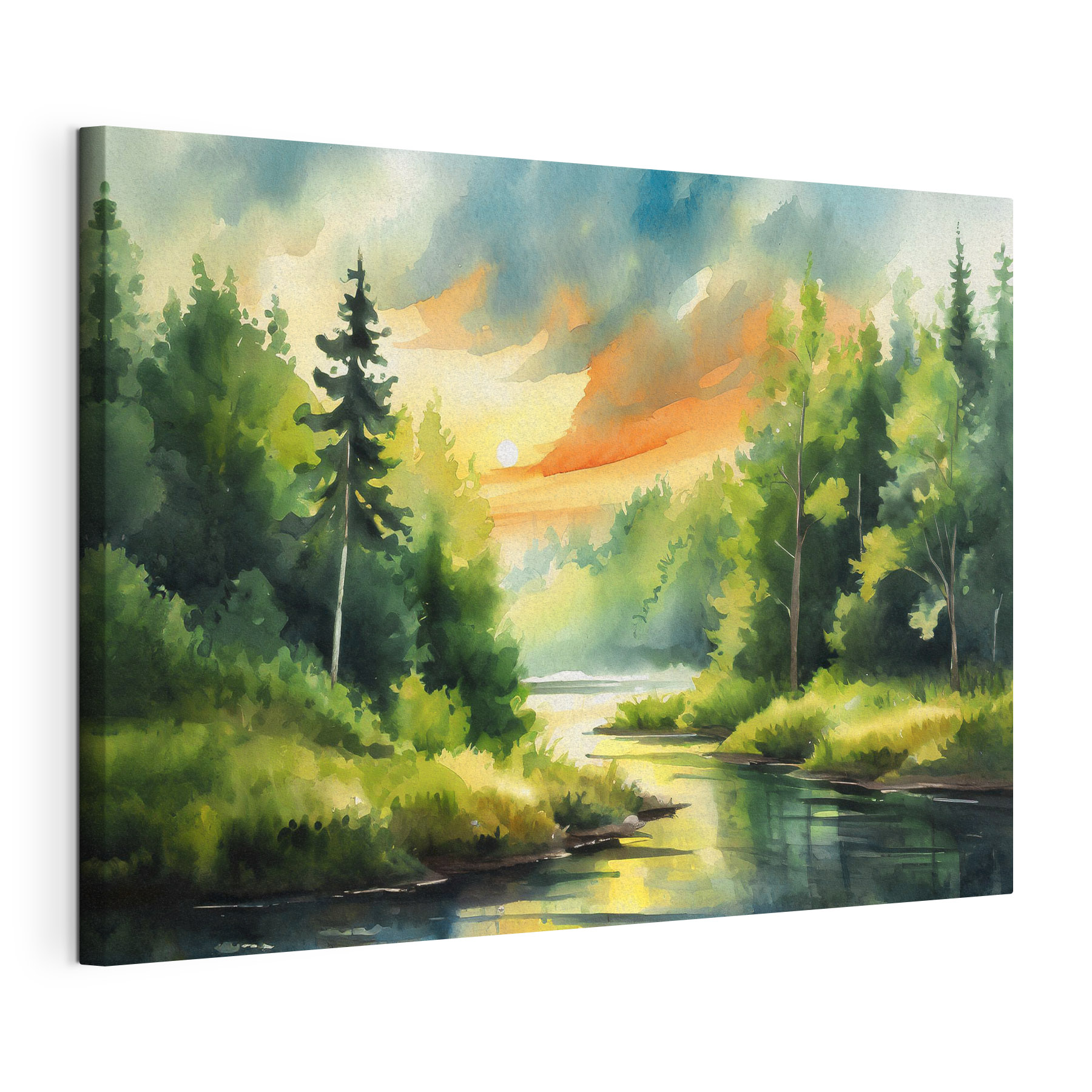 Watercolor painting of a river with trees and grass and a sunset