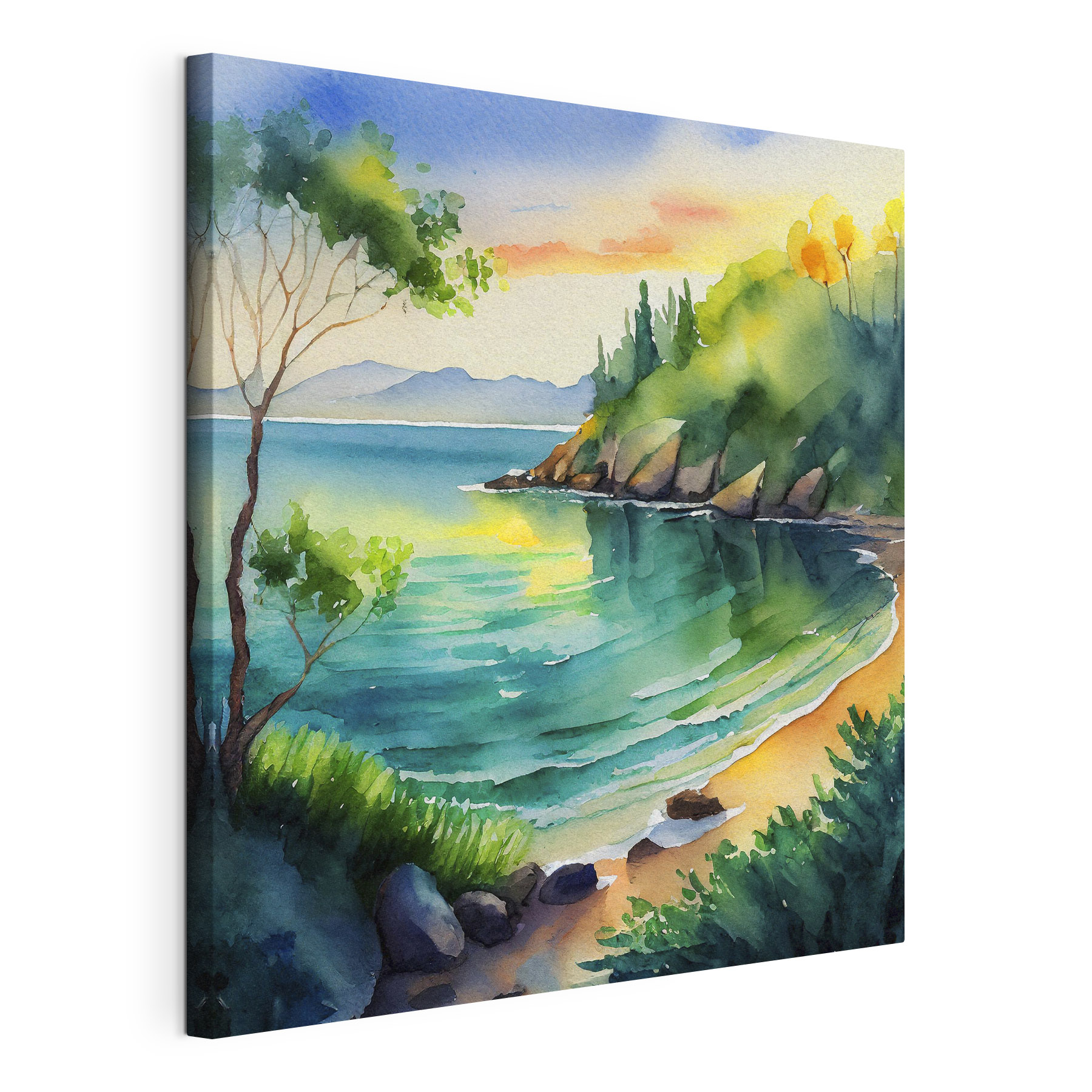 Watercolor painting of a beach and trees