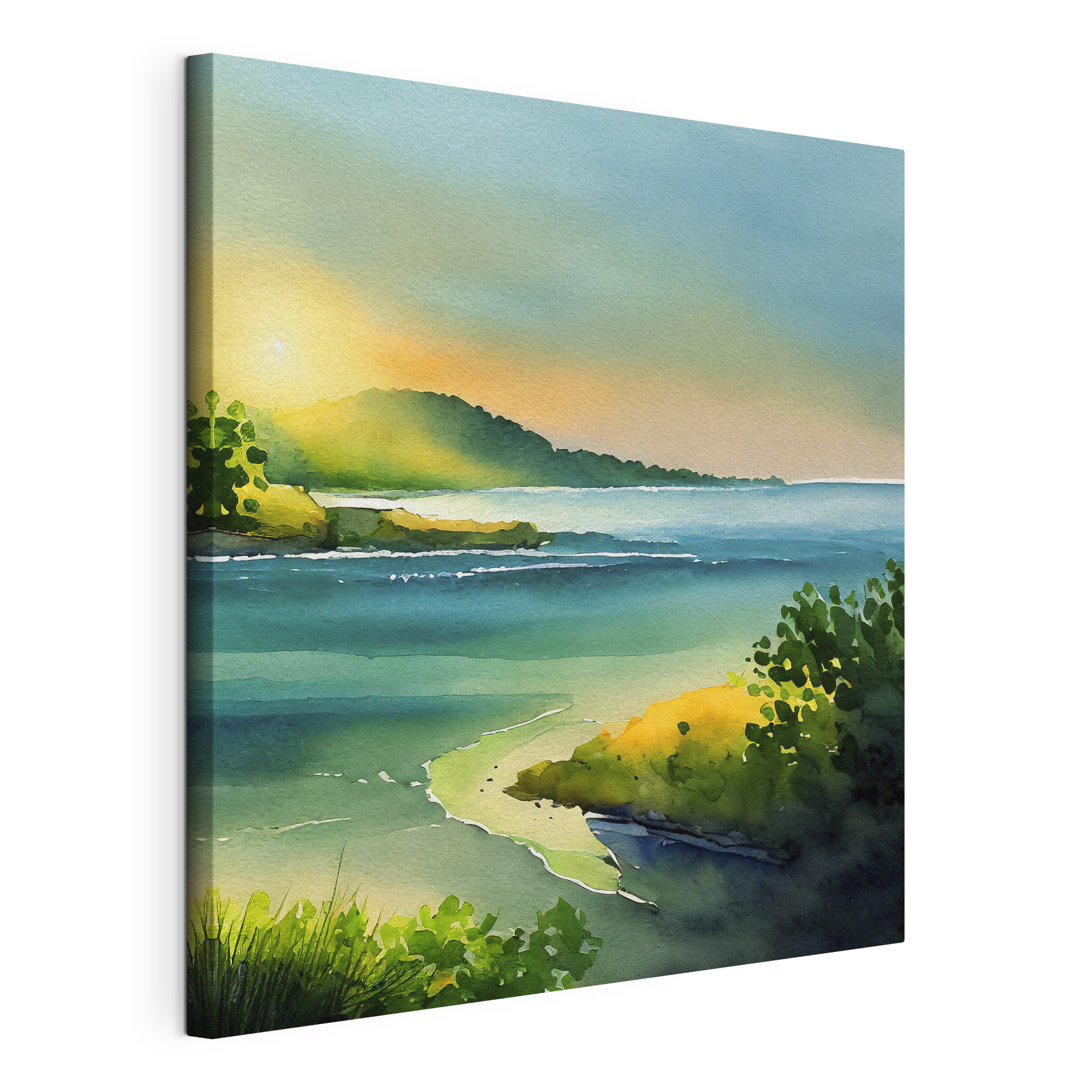 Watercolor painting of a river and trees and hills