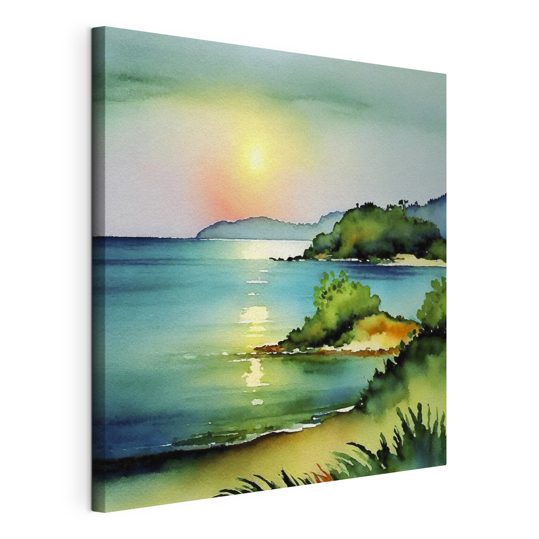 Watercolor painting of a beach and a body of water with trees and hills