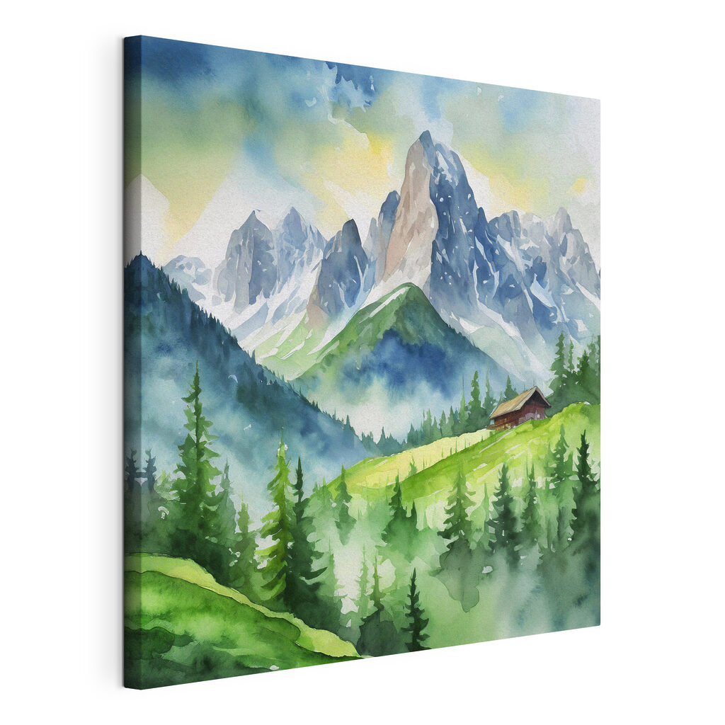A watercolor painting of a house on a hill with trees and mountains