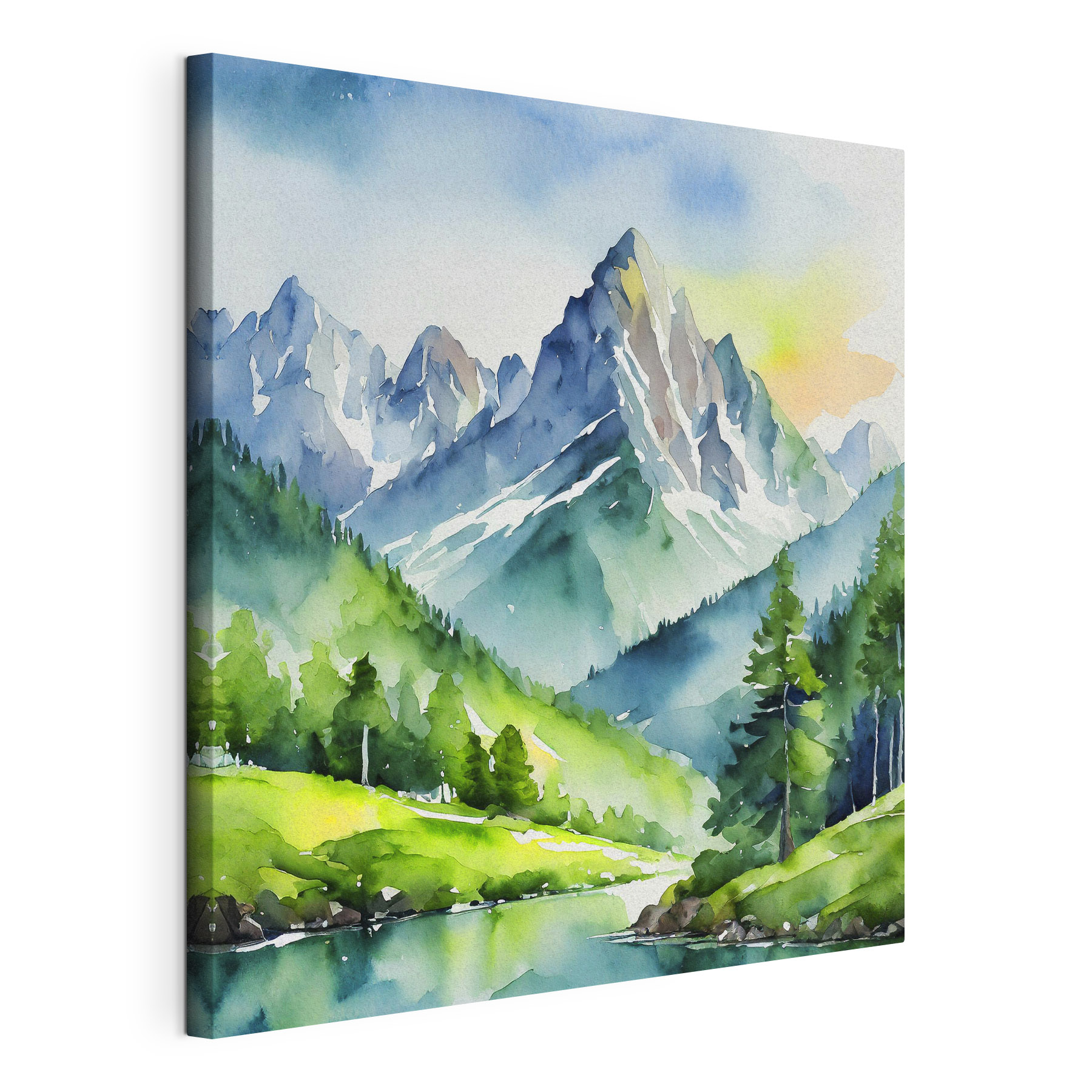 Watercolor of a mountain river and trees