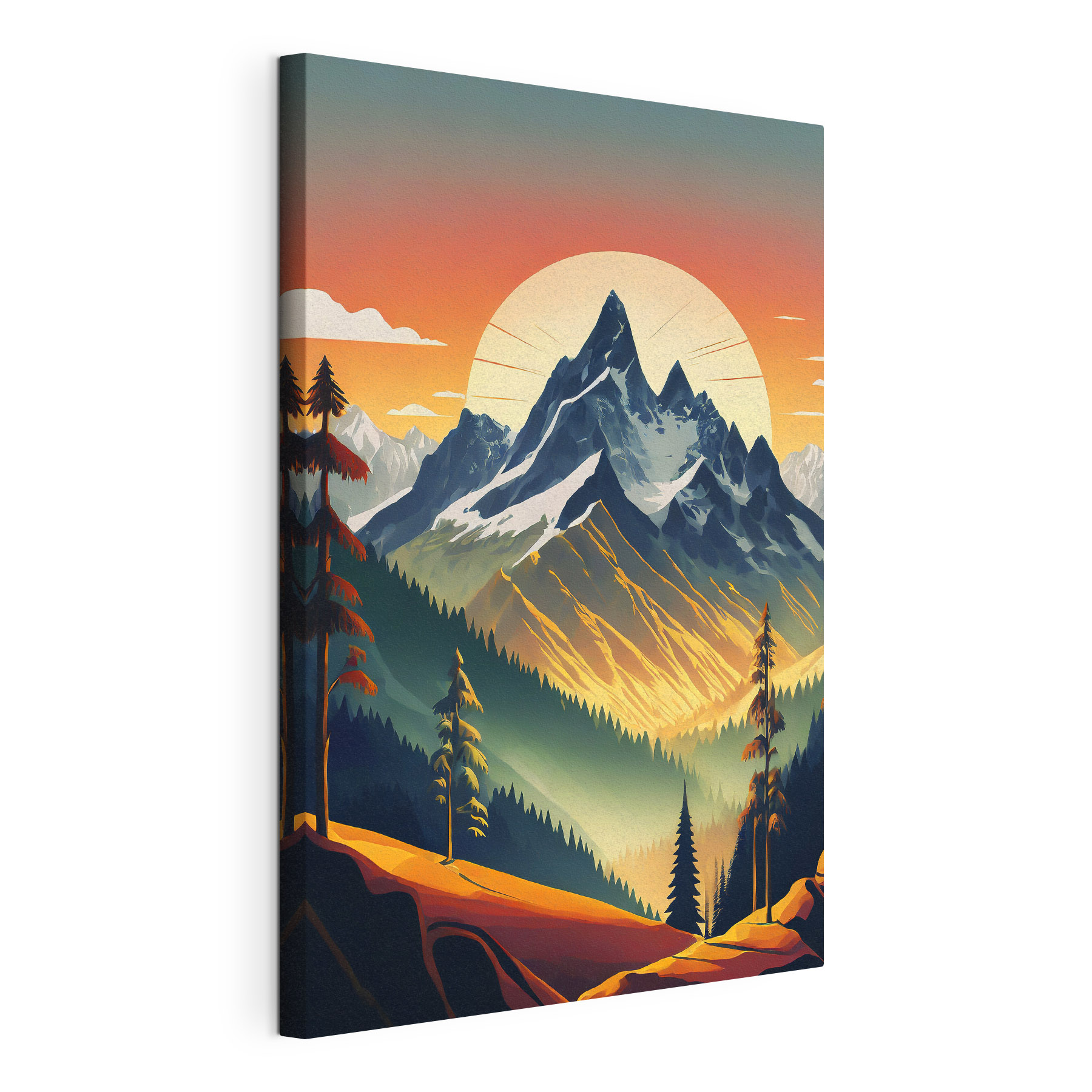 A mountain range with trees and a sunset