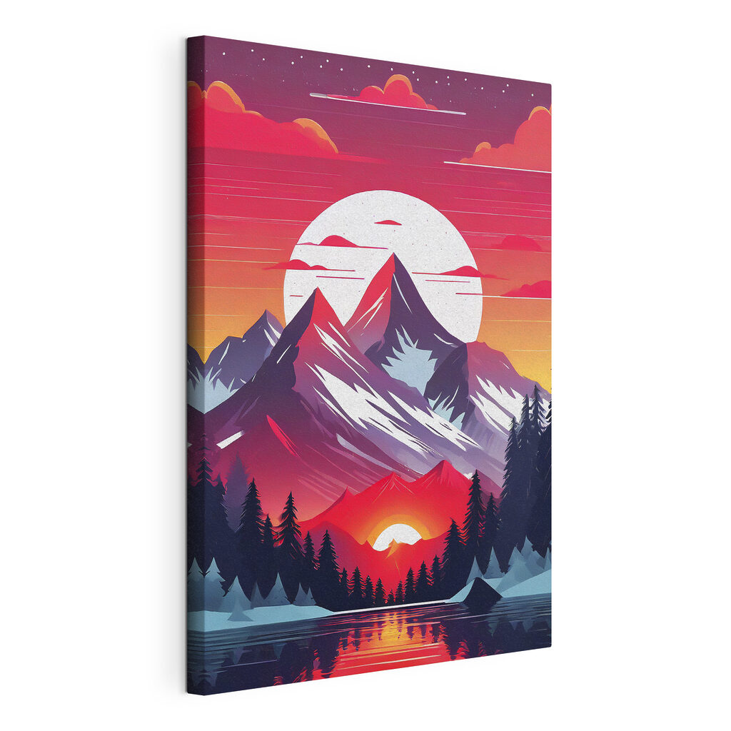 A mountain range with trees and a sunset