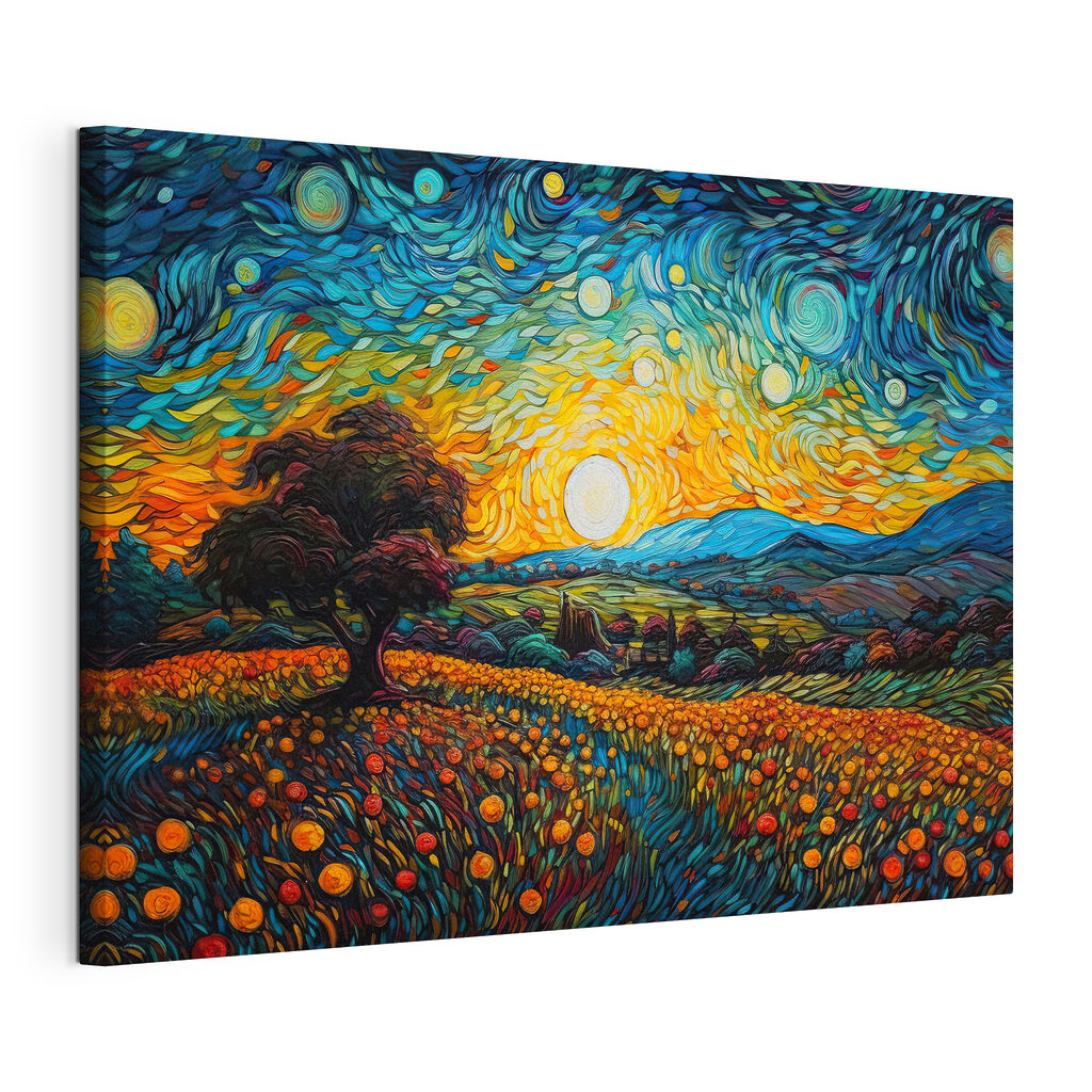 A painting of a landscape with trees and flowers A painting of a landscape with trees and flowers