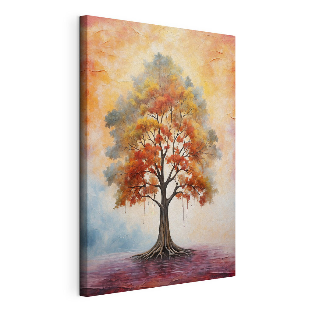 A painting of a tree with orange and yellow leaves A painting of a tree with orange and yellow leaves