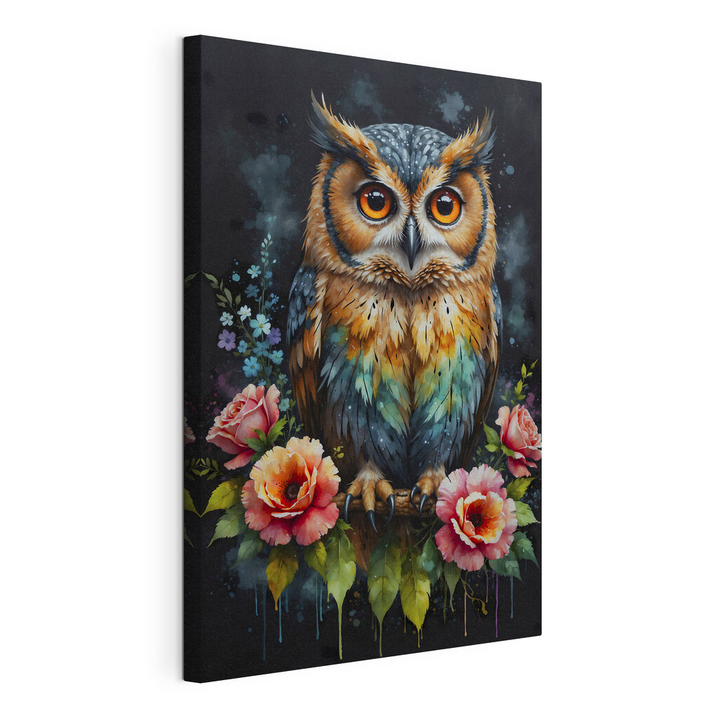 A painting of an owl with flowers A painting of an owl with flowers