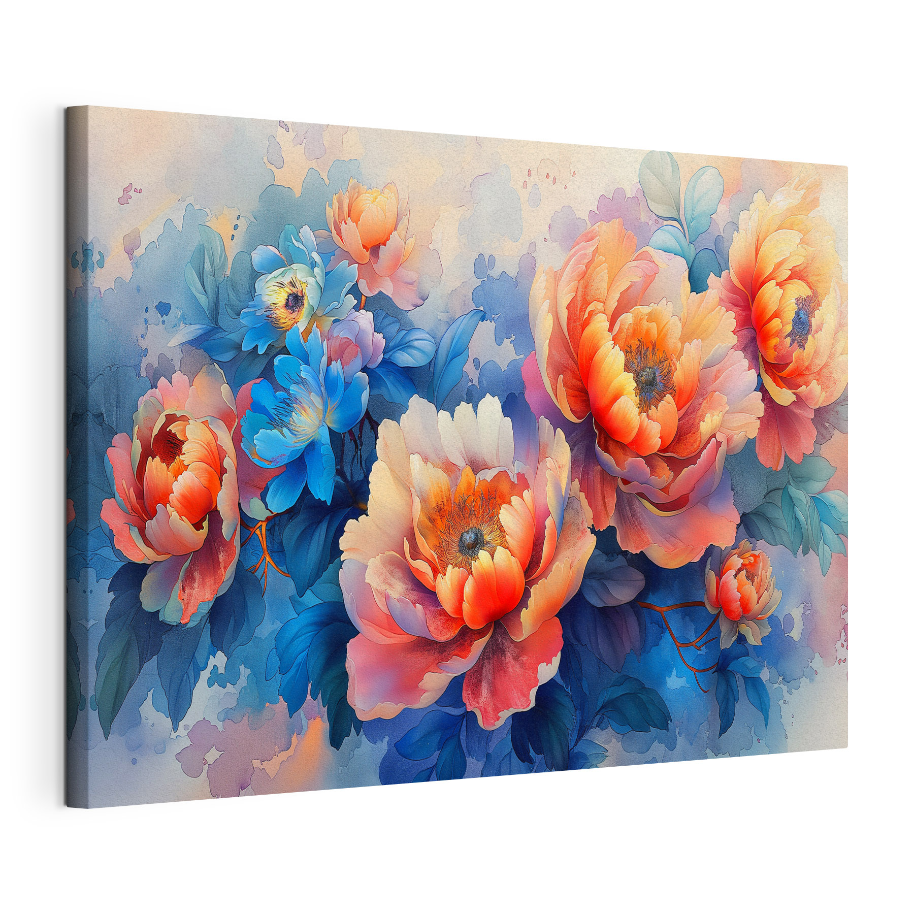 A painting of flowers on a blue background
