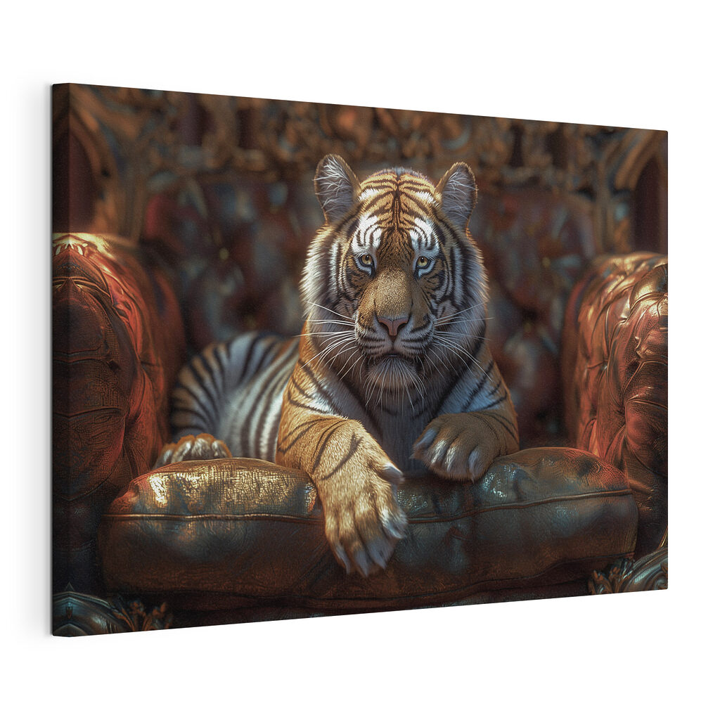 A tiger lying on a leather chair