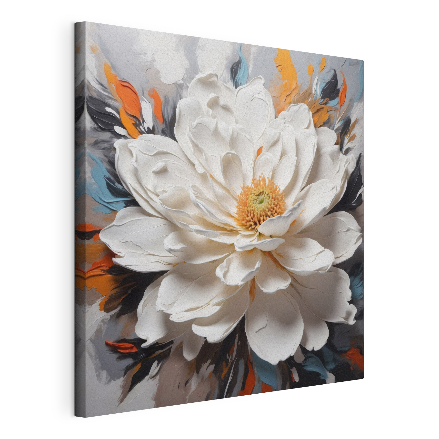 A white flower with orange center