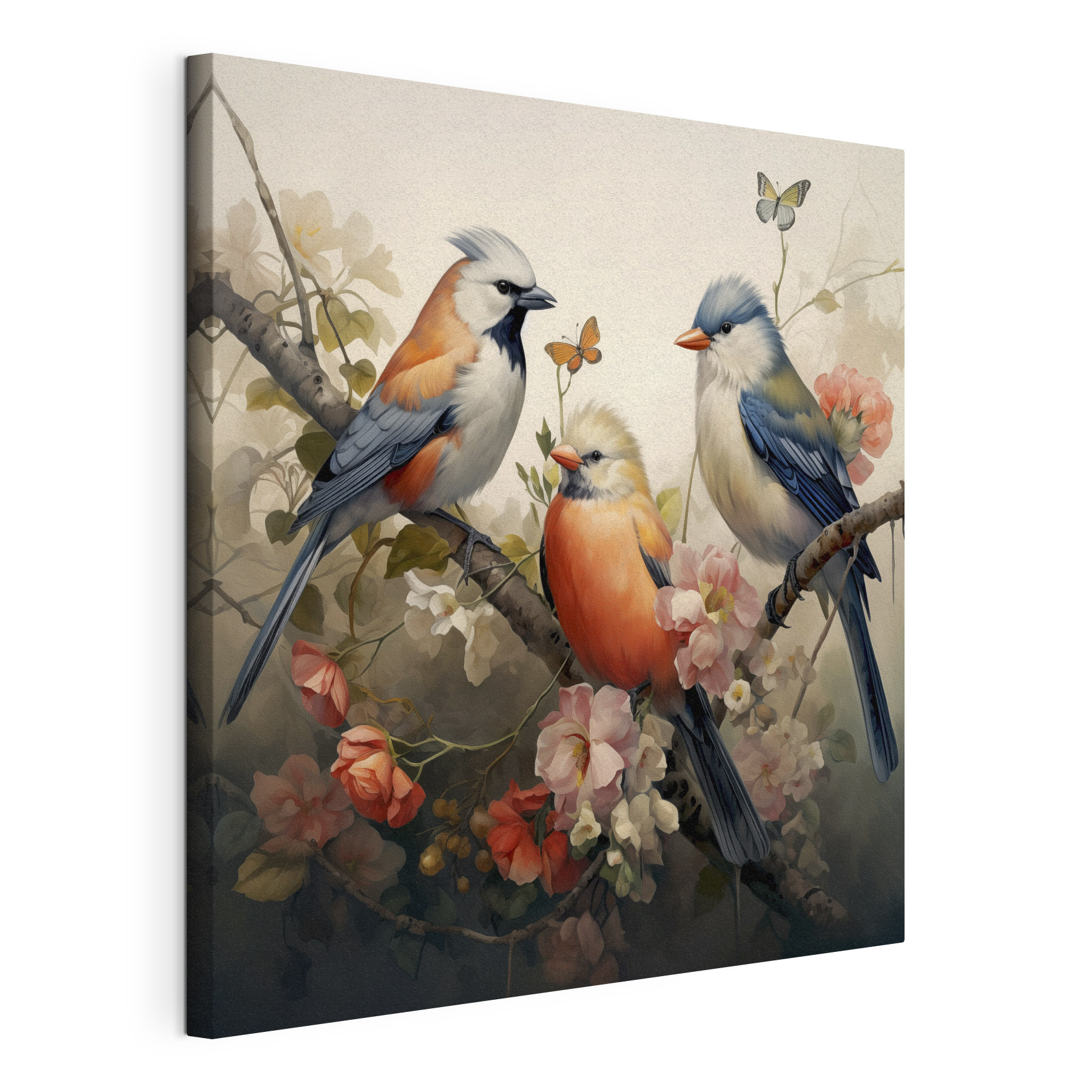 A group of birds on a branch with flowers