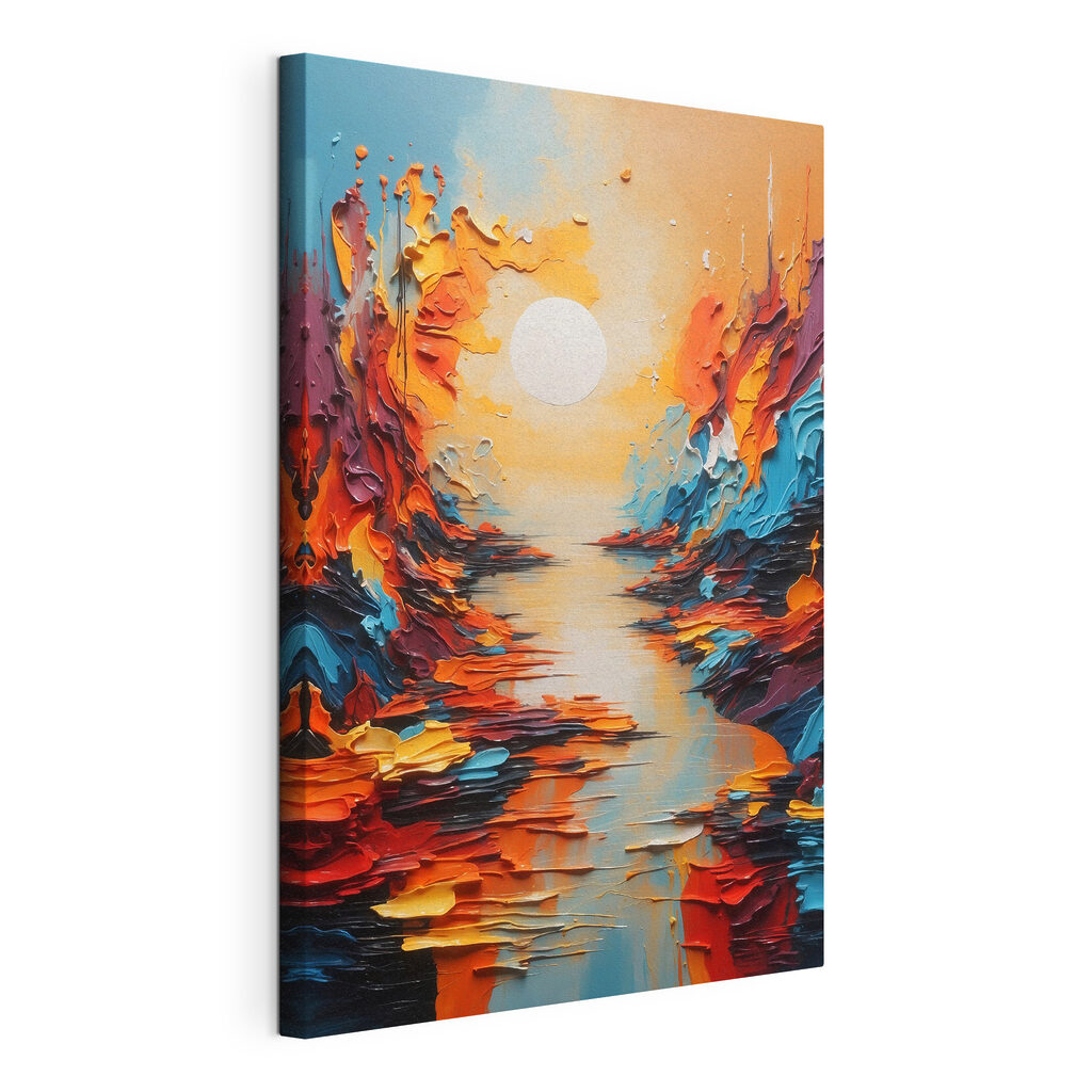 A painting of a river with a sun in the background A painting of a river with a sun in the background