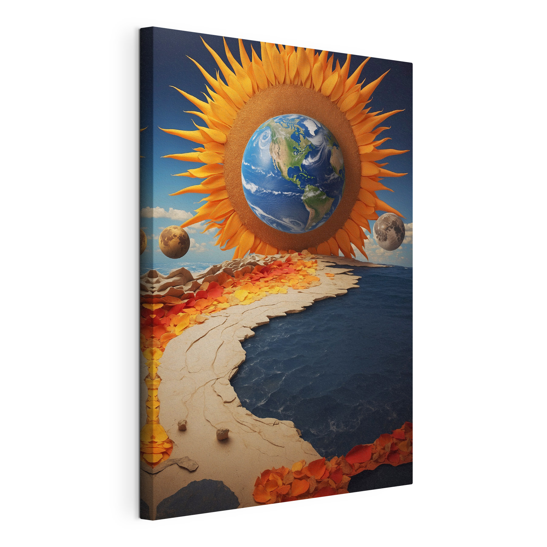 A sun and earth with moon and moon around it