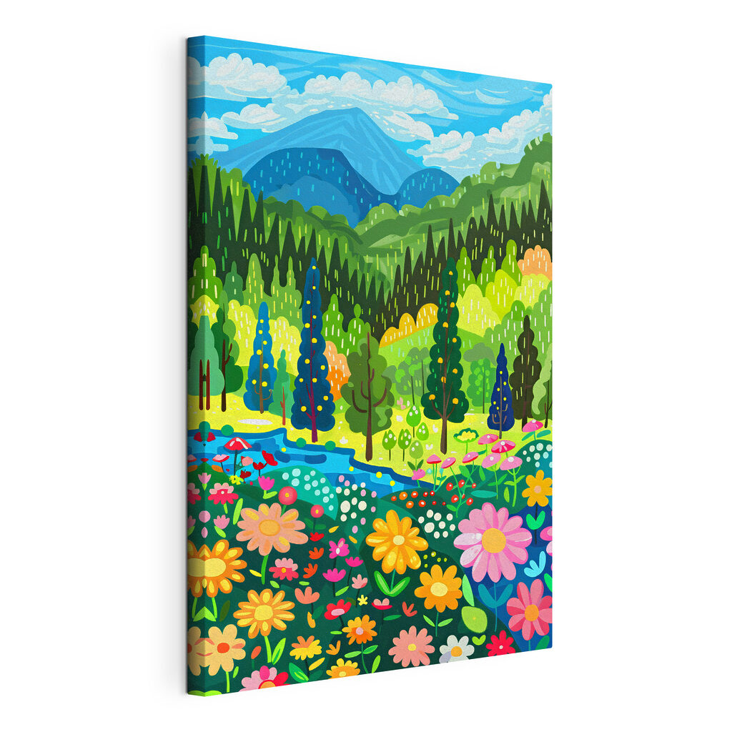 A cartoon of a landscape with trees and flowers A cartoon of a landscape with trees and flowers