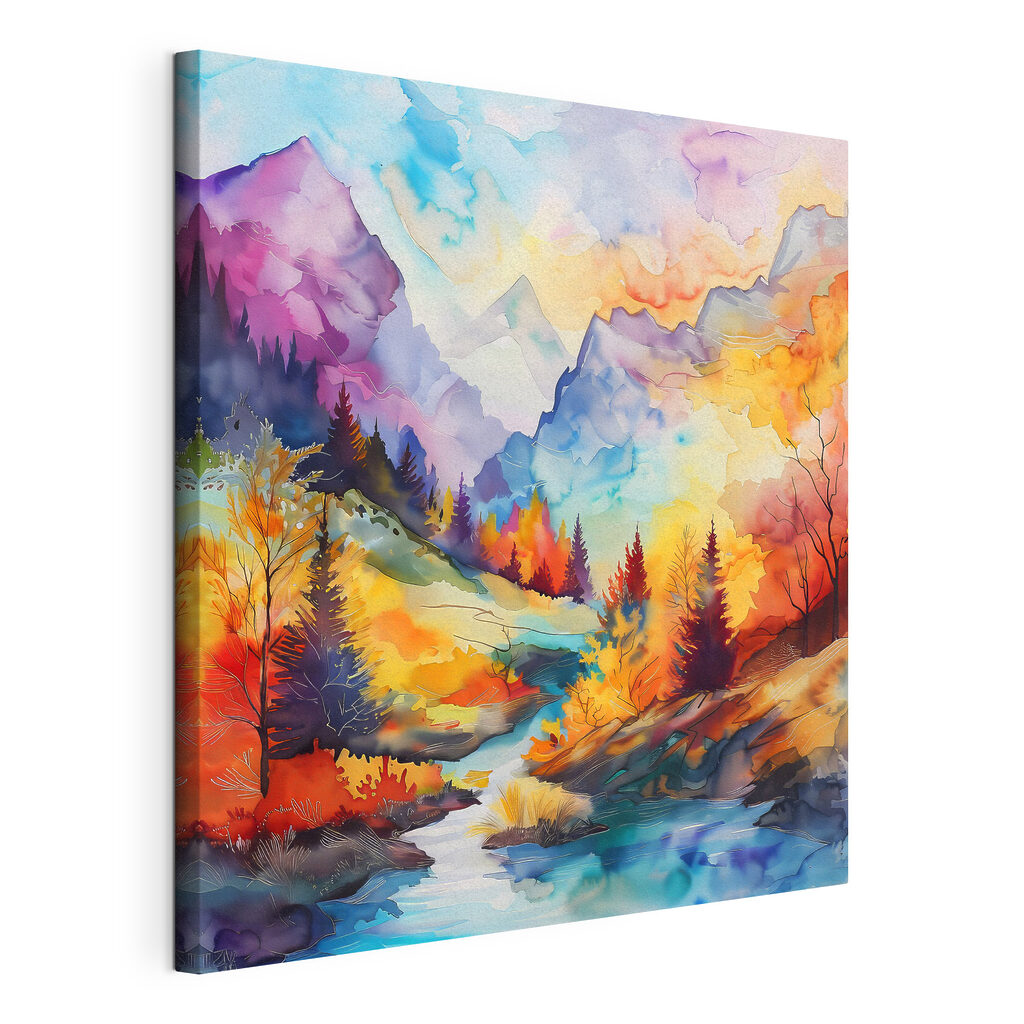 A colorful mountain landscape with trees and a river A colorful mountain landscape with trees and a river