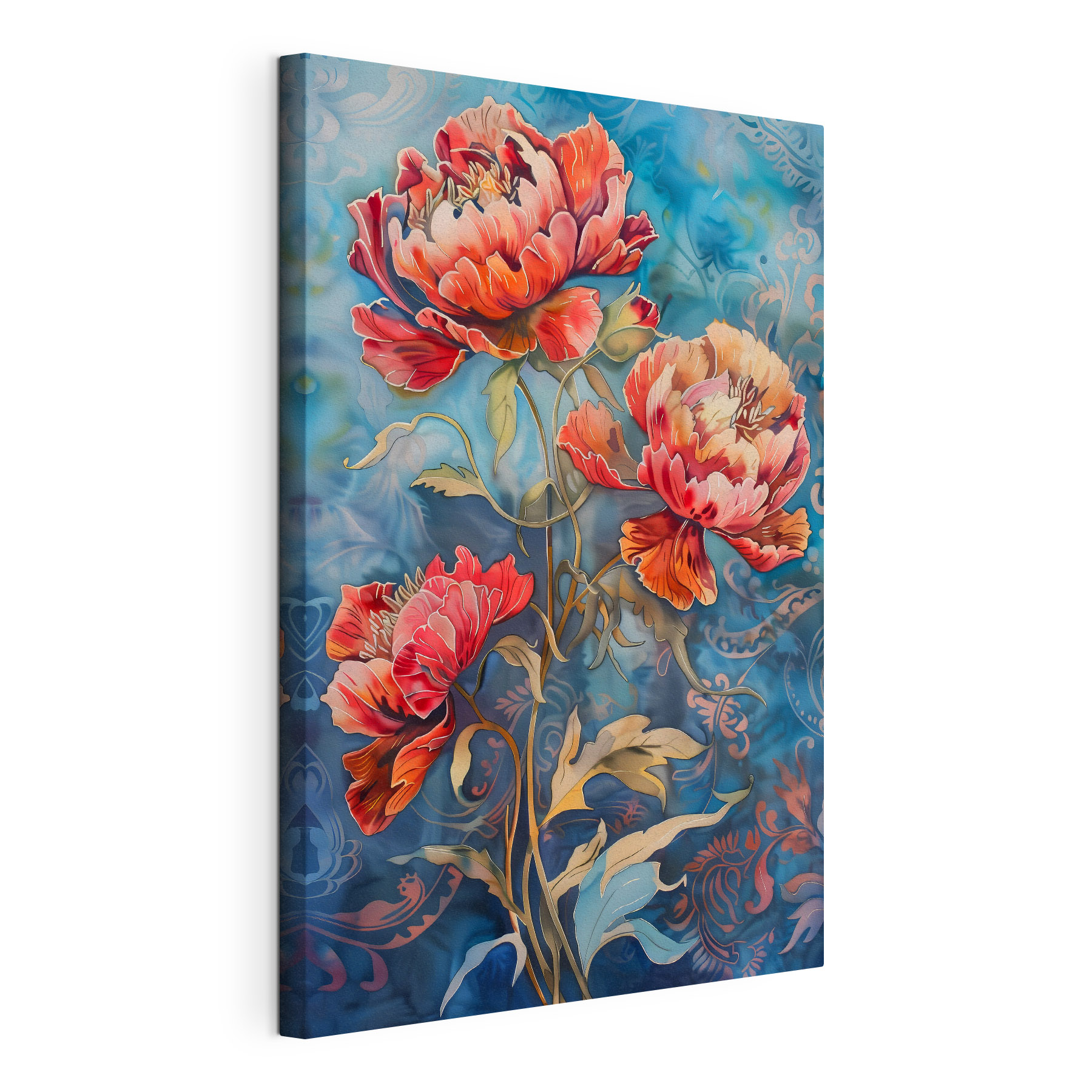 A painting of flowers on a blue background A painting of flowers on a blue background