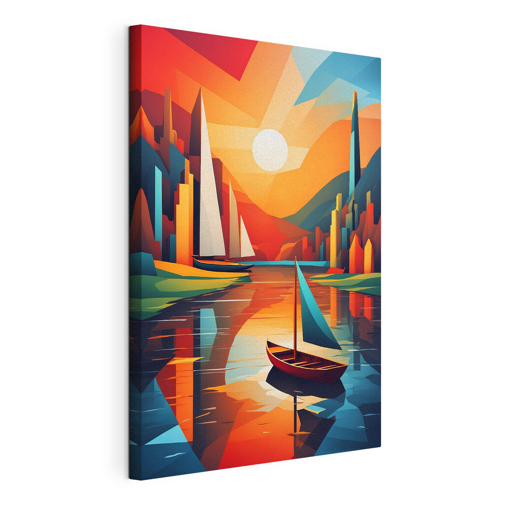 A painting of boats on a river A painting of boats on a river