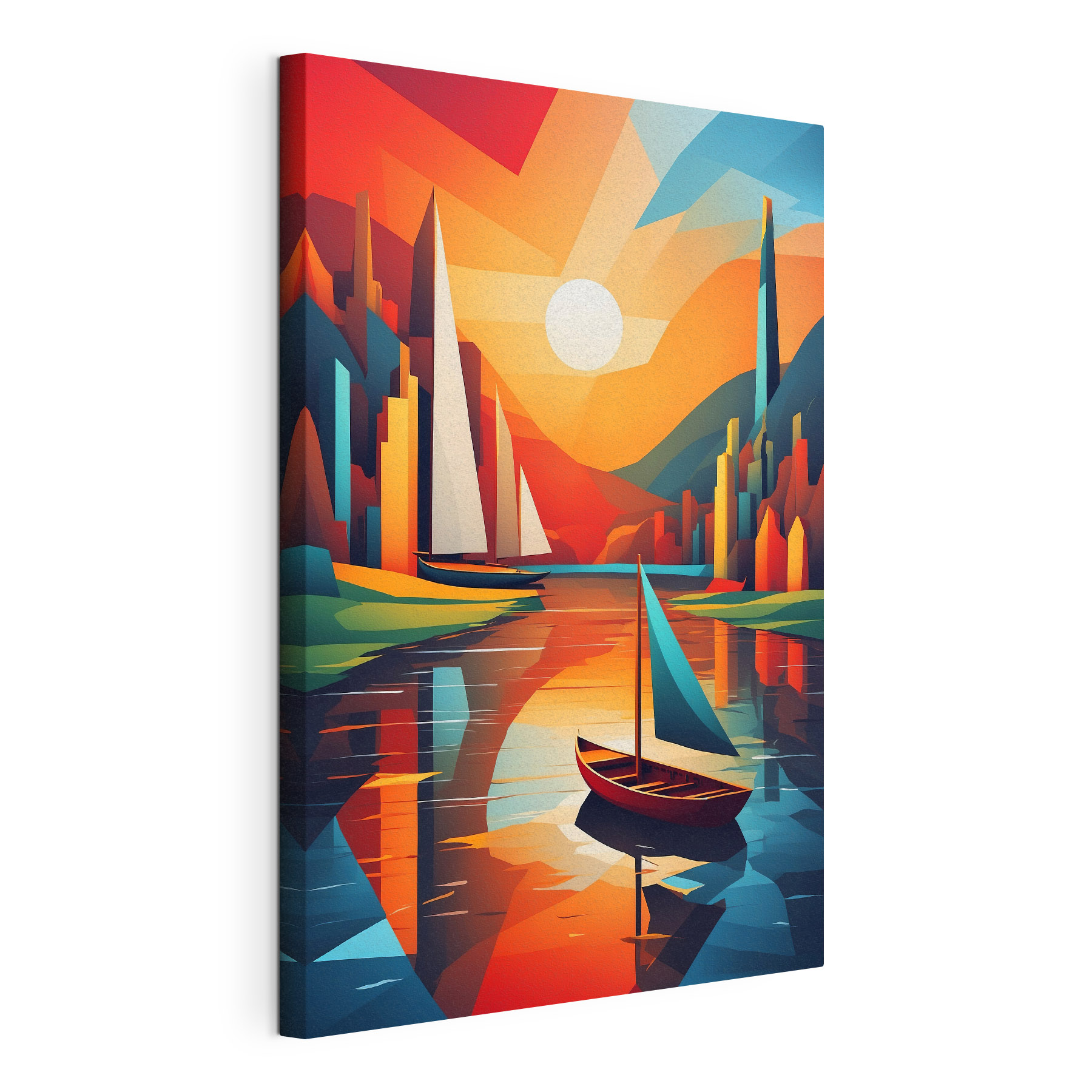 A painting of boats on a river A painting of boats on a river