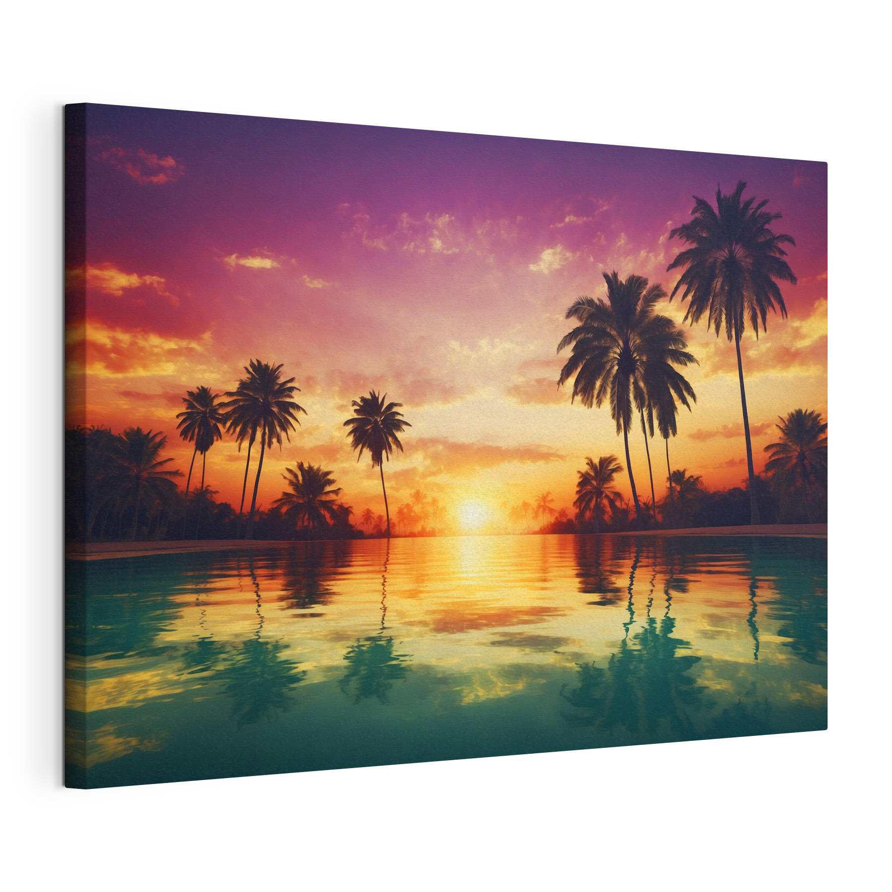 A sunset over a body of water with palm trees A sunset over a body of water with palm trees