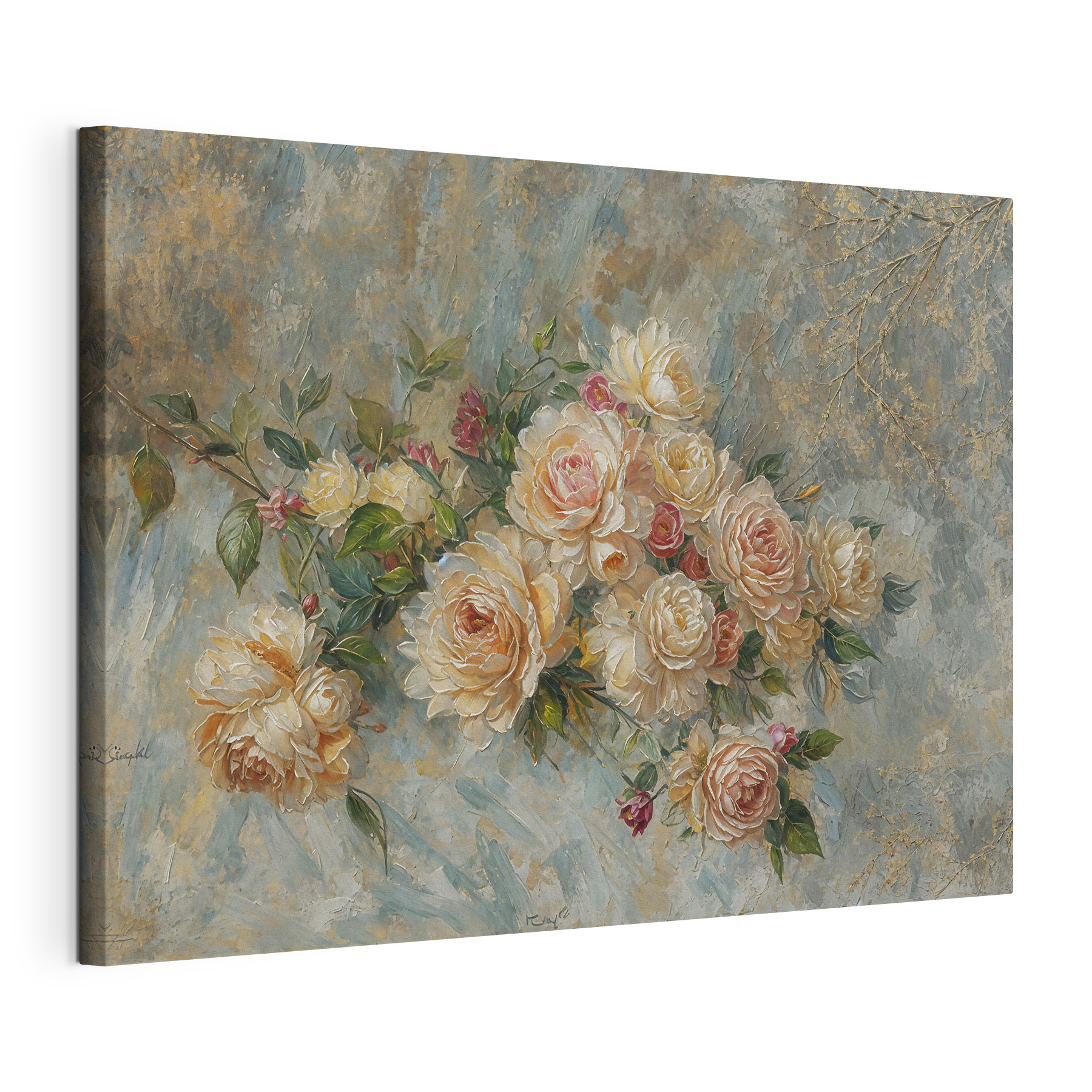 A painting of flowers on a blue background A painting of flowers on a blue background