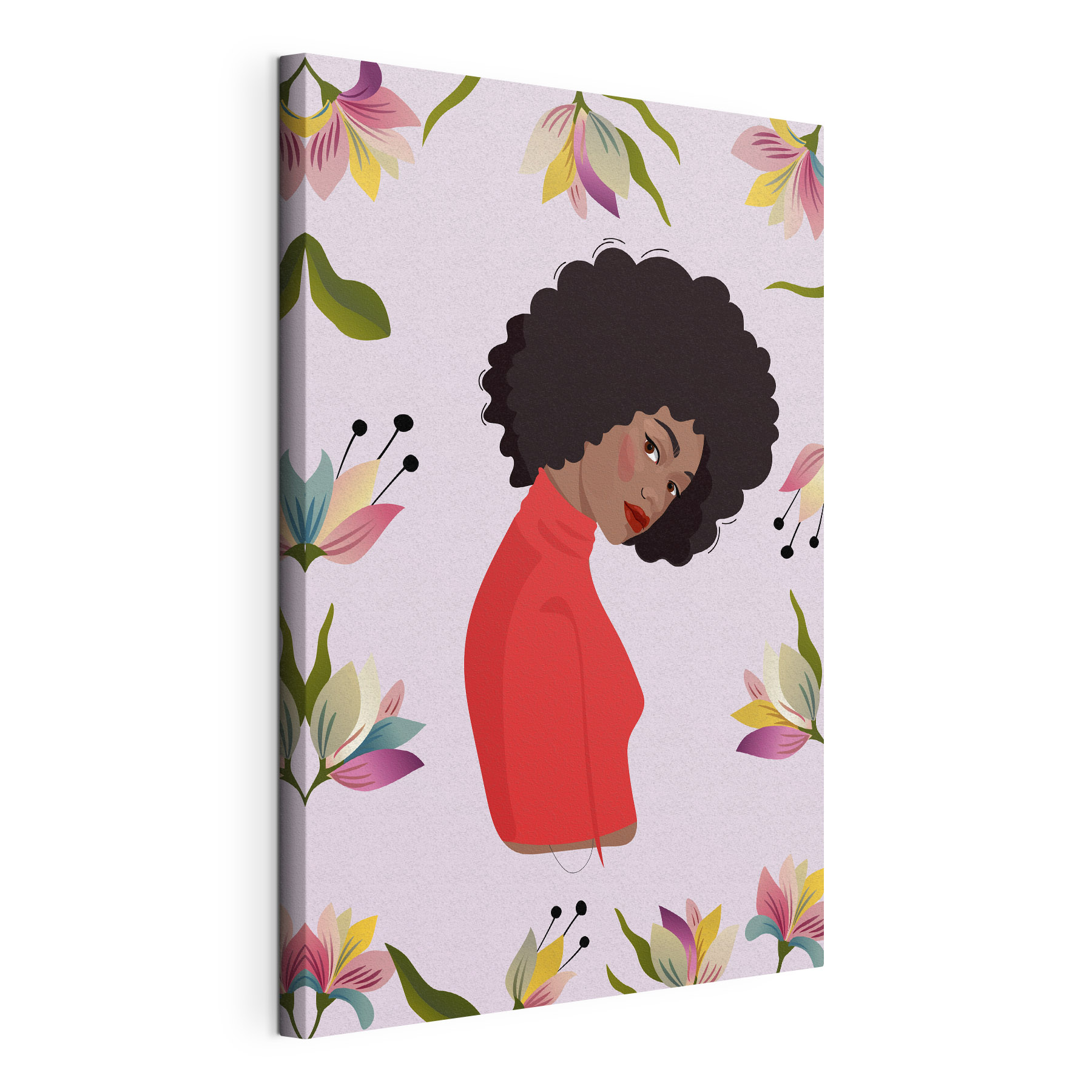 A woman with curly hair and flowers A woman with curly hair and flowers
