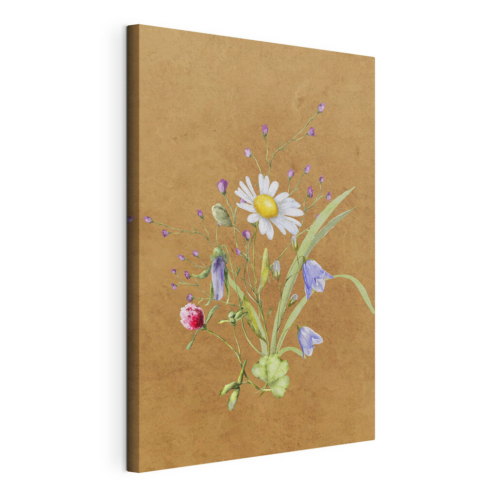 A painting of flowers on a brown surface A painting of flowers on a brown surface