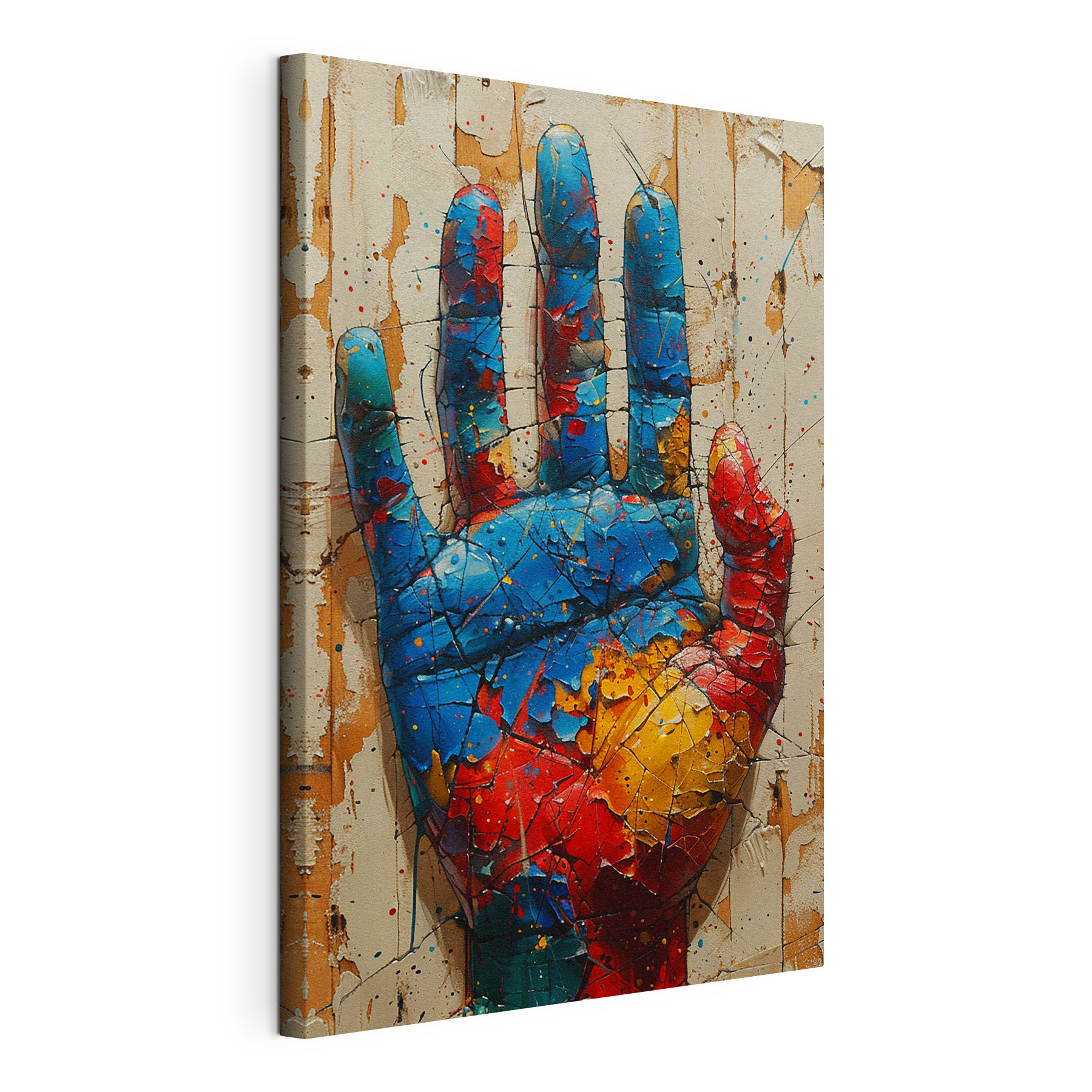 A cracked painted hand on a wood surface