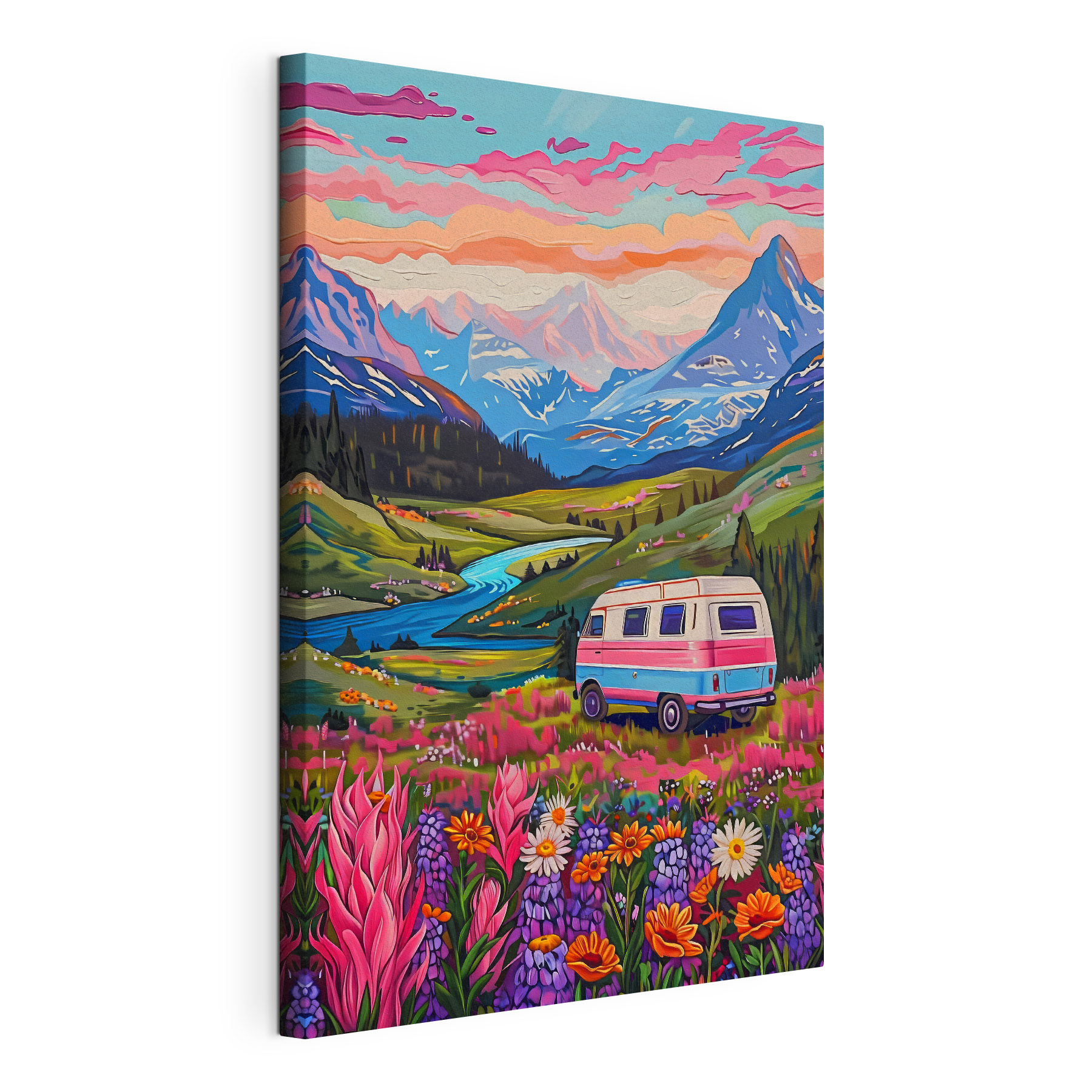A van driving through a valley with flowers and mountains A van driving through a valley with flowers and mountains