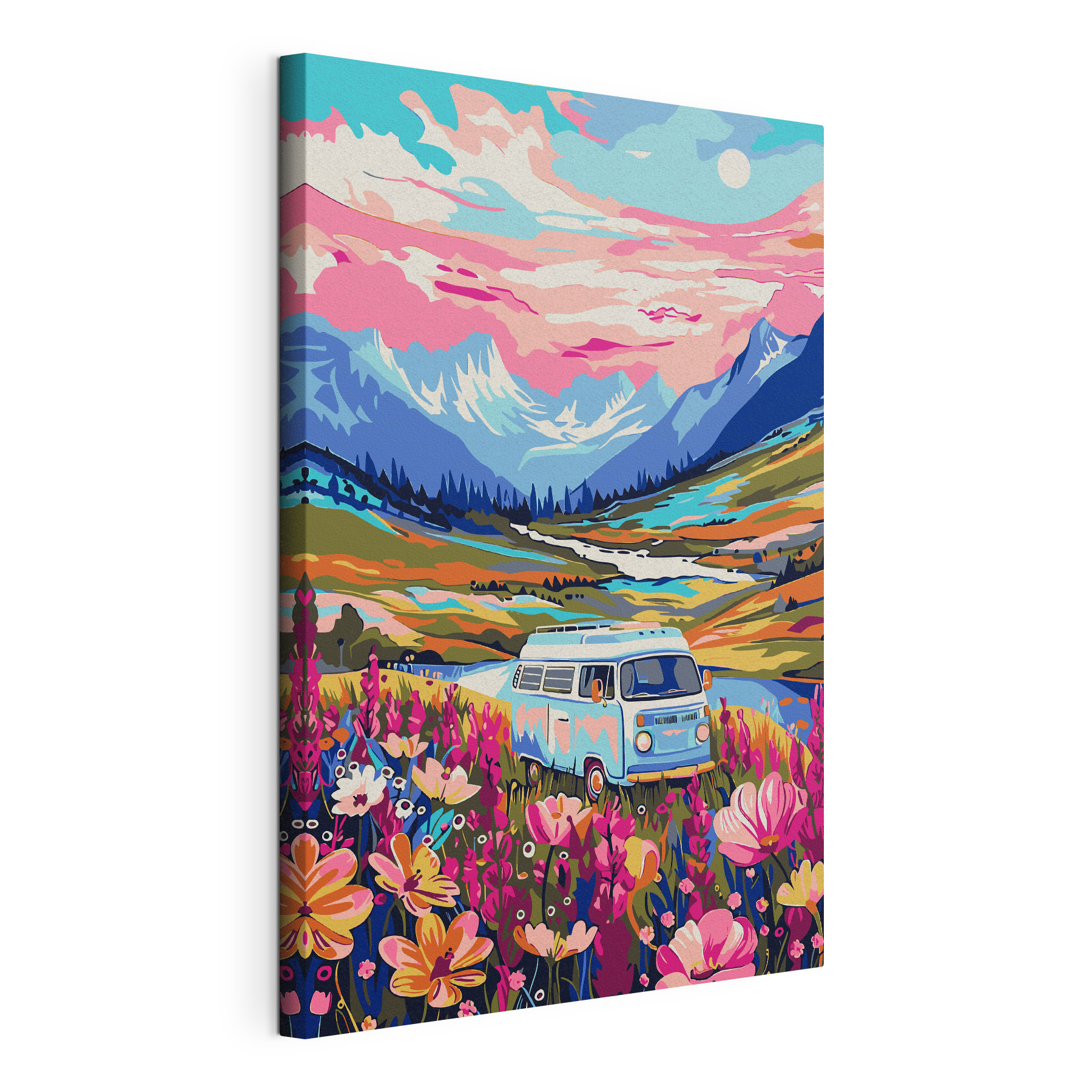 A van driving through a field of flowers