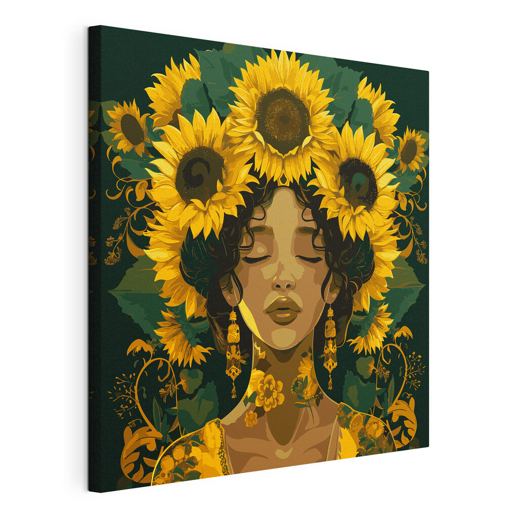 A woman with sunflowers in her hair
