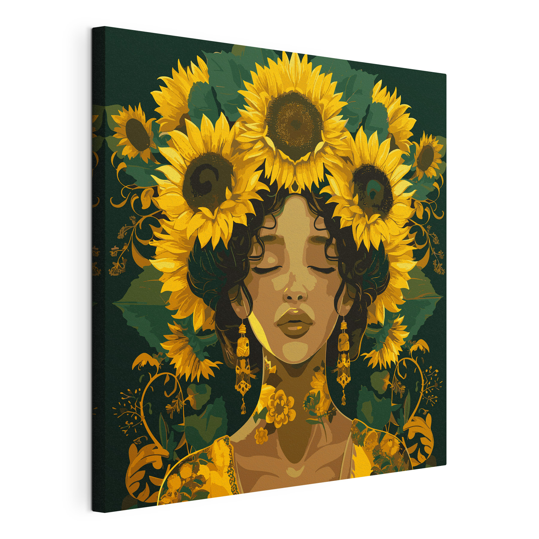 A woman with sunflowers in her hair