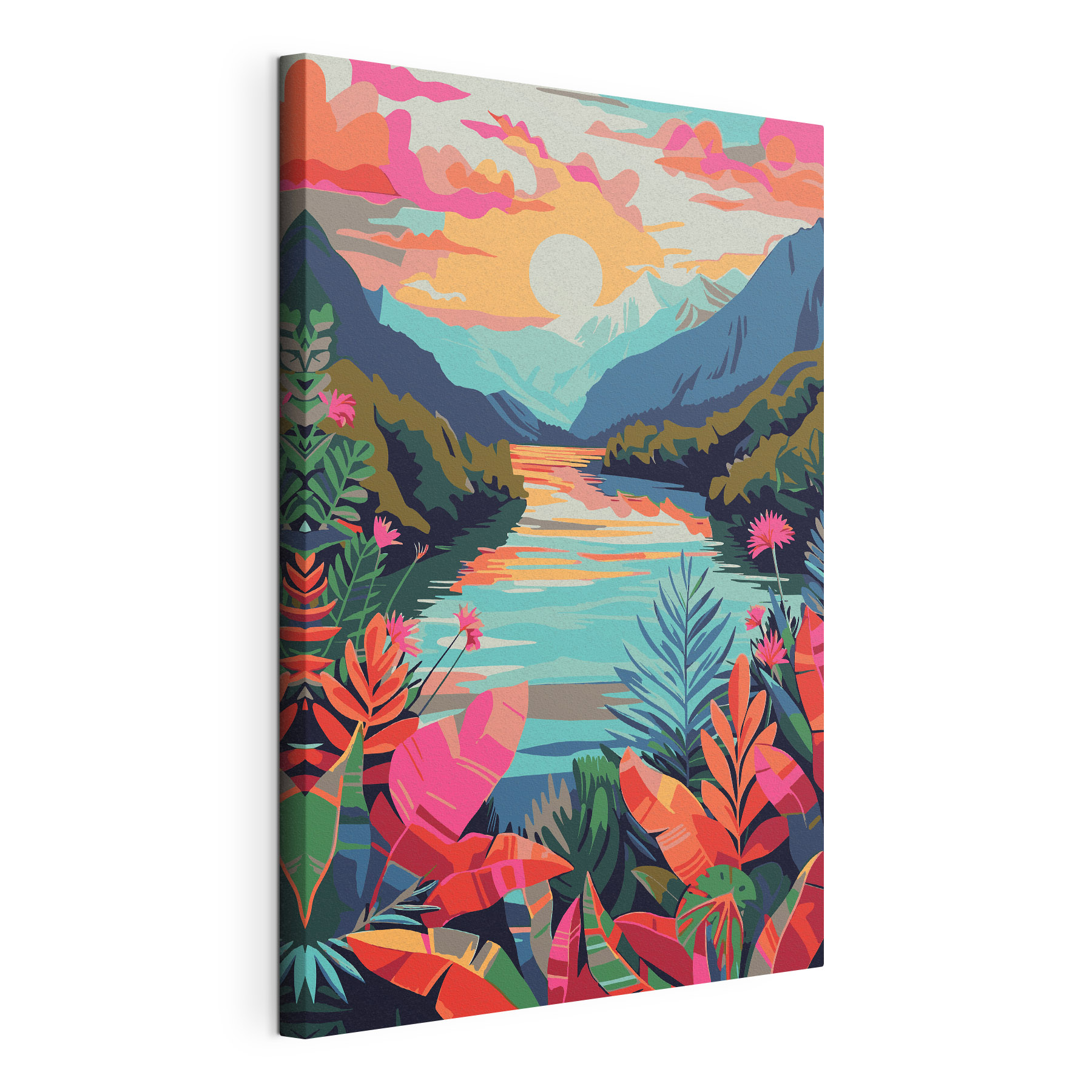 A river with flowers and mountains in the background A river with flowers and mountains in the background