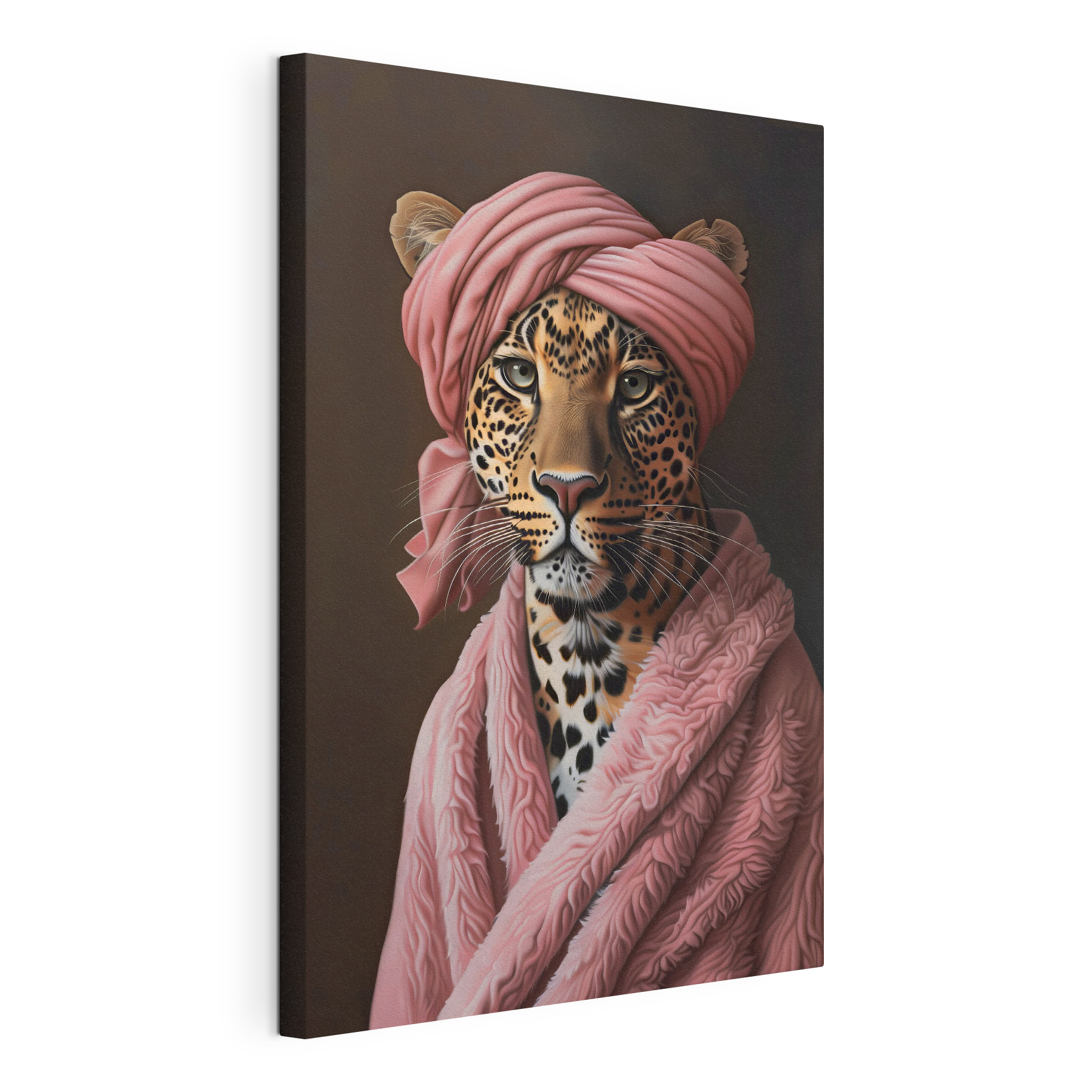 A leopard wearing a pink robe and a pink turban