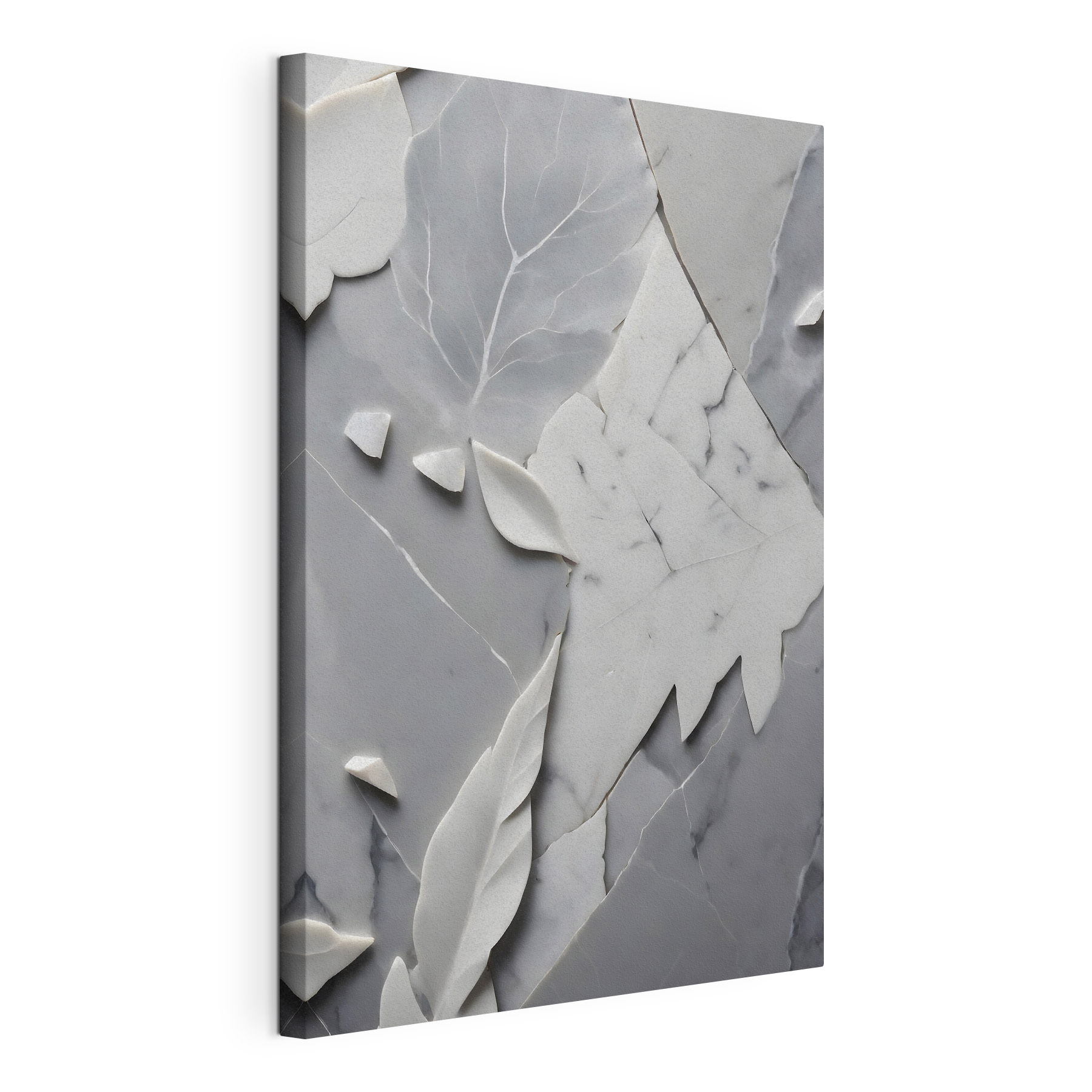A white and gray marble surface with leaves A white and gray marble surface with leaves