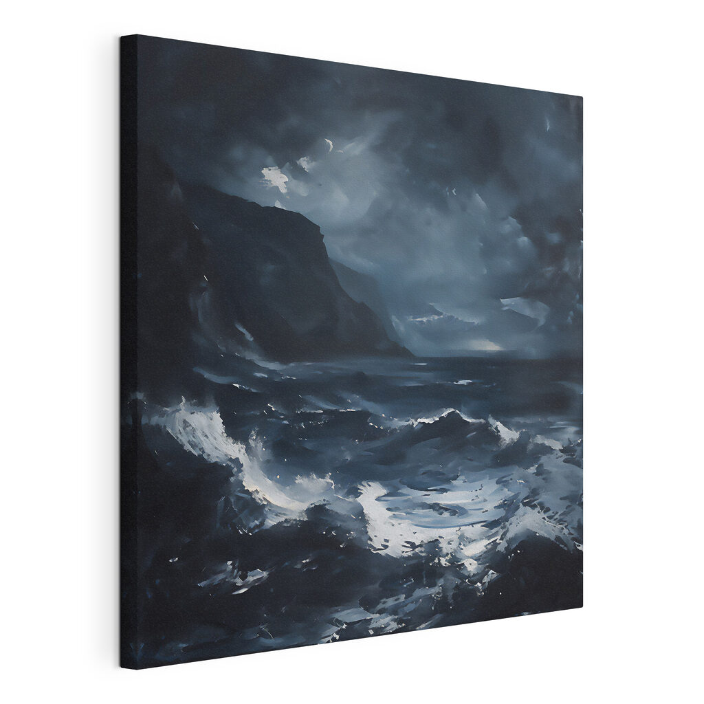 A stormy sea with mountains and clouds