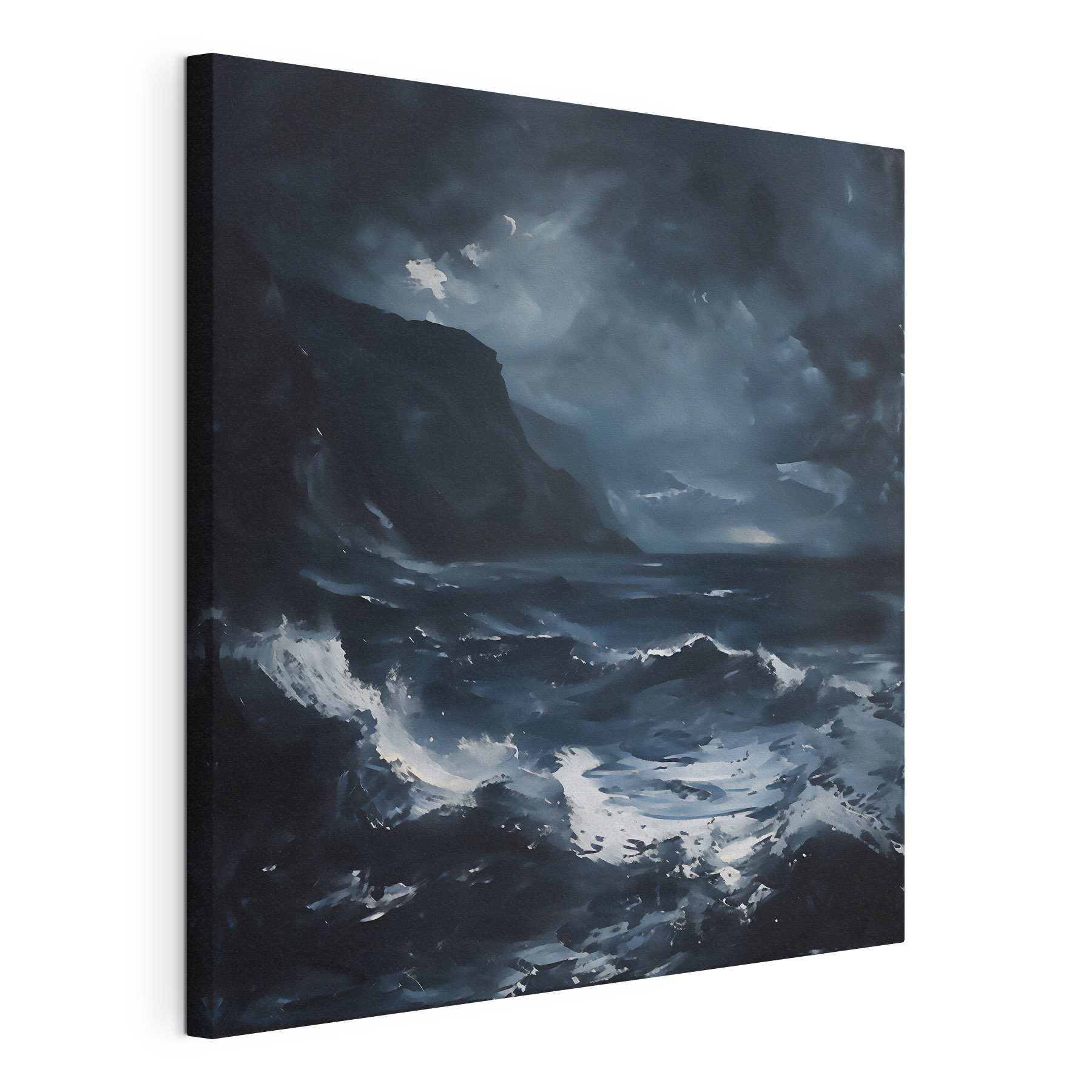 A stormy sea with mountains and clouds