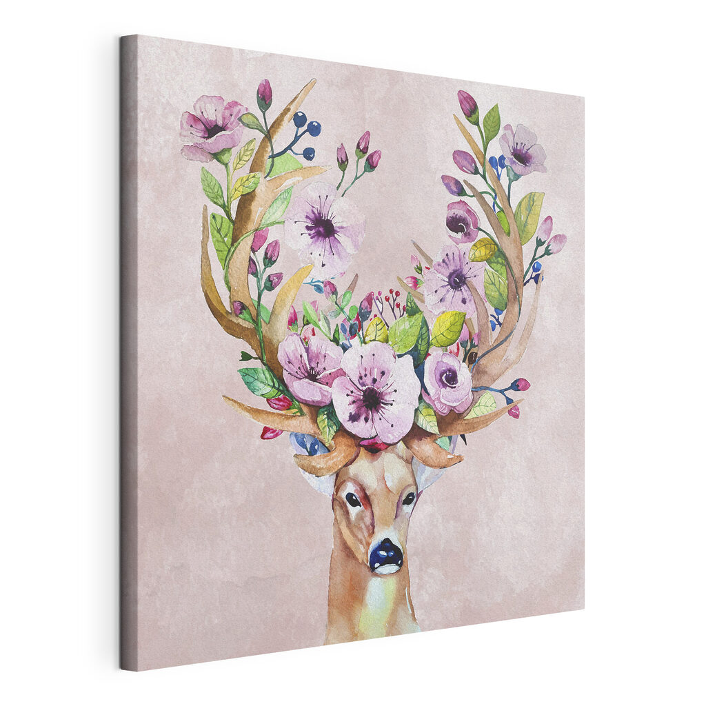 A watercolor painting of a deer with flowers on horns A watercolor painting of a deer with flowers on horns