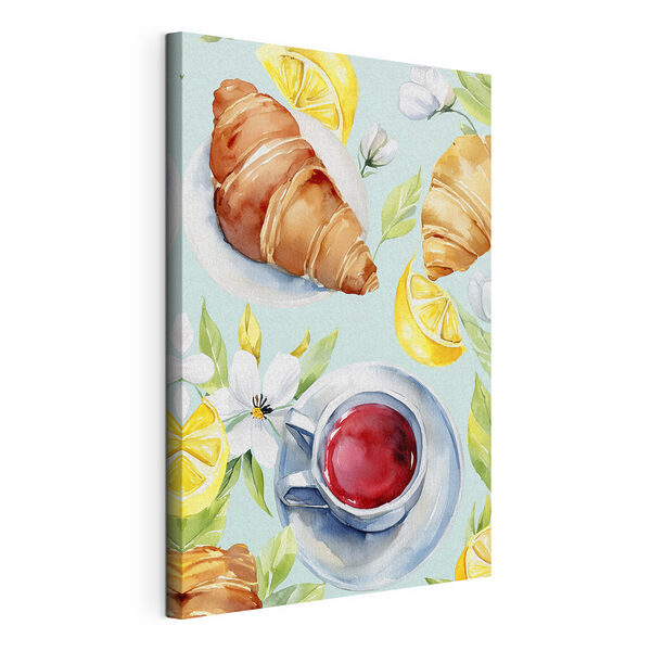 Un acquerello raffigurante un croissant e una tazza di tè Quadri Un acquerello raffigurante un croissant e una tazza di tè