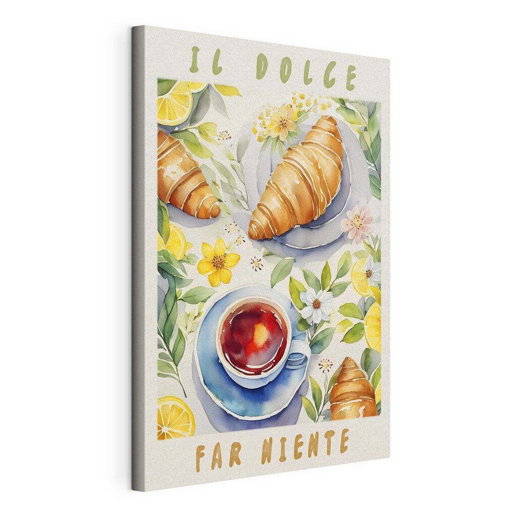 A watercolor painting of food and a cup of tea