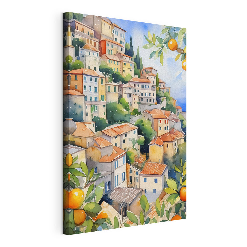 Watercolor painting of a city with oranges