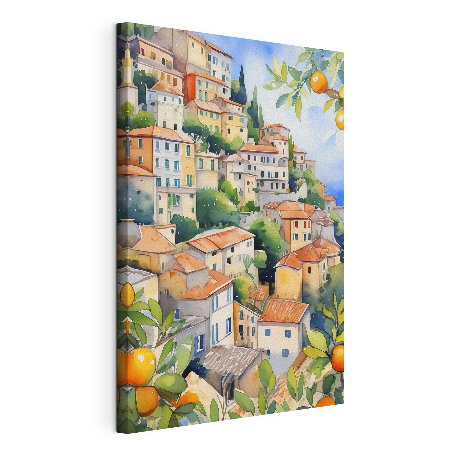 Watercolor painting of a city with oranges