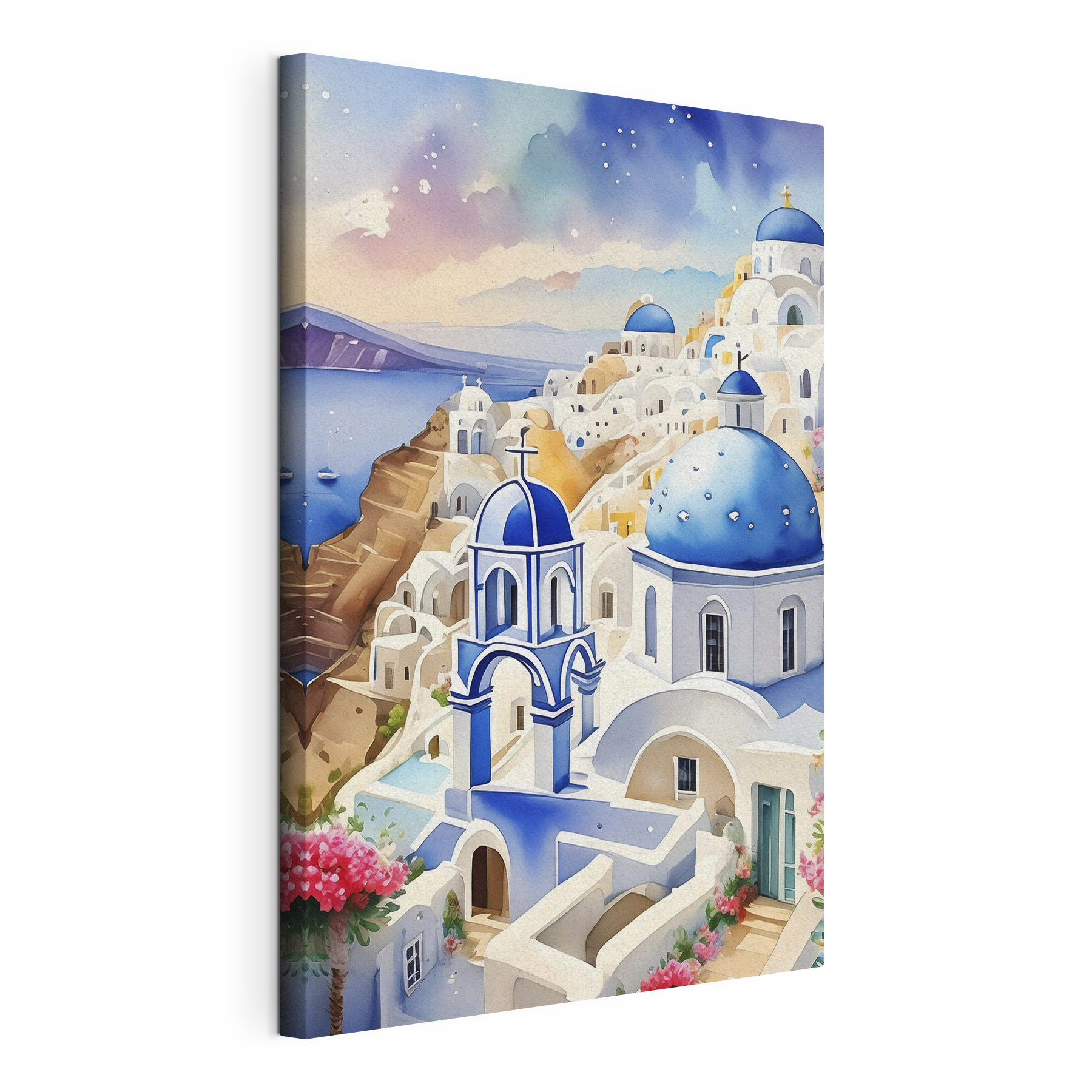 A painting of a town with blue domes