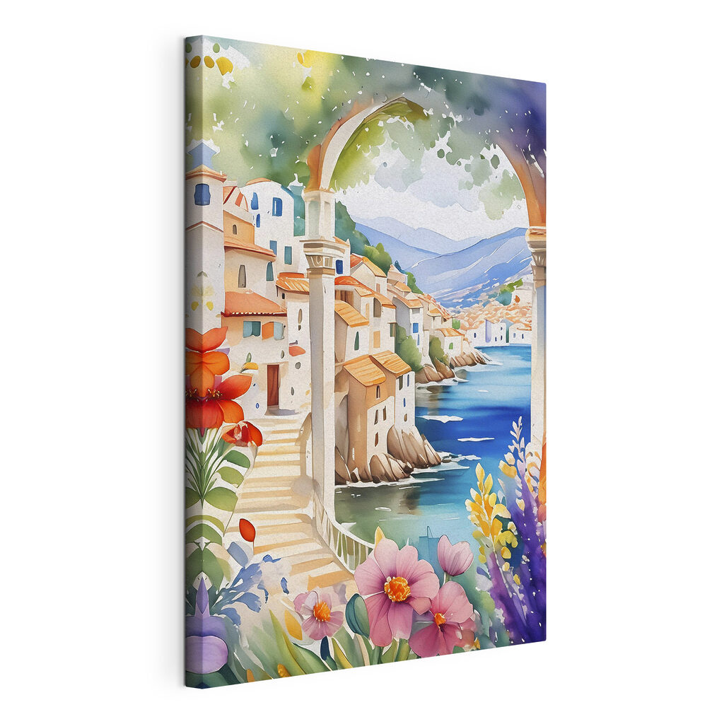 A painting of a town with a river and flowers