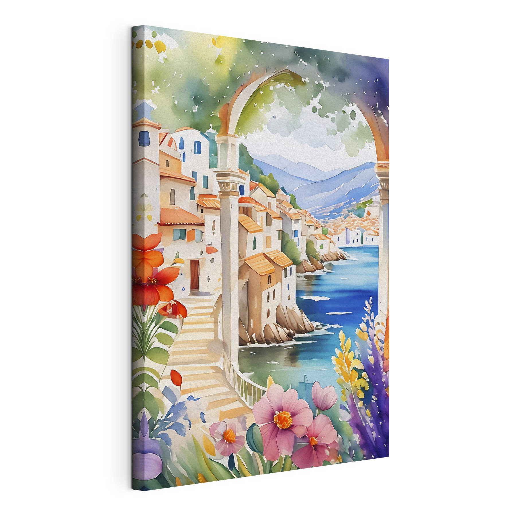 A painting of a town with a river and flowers