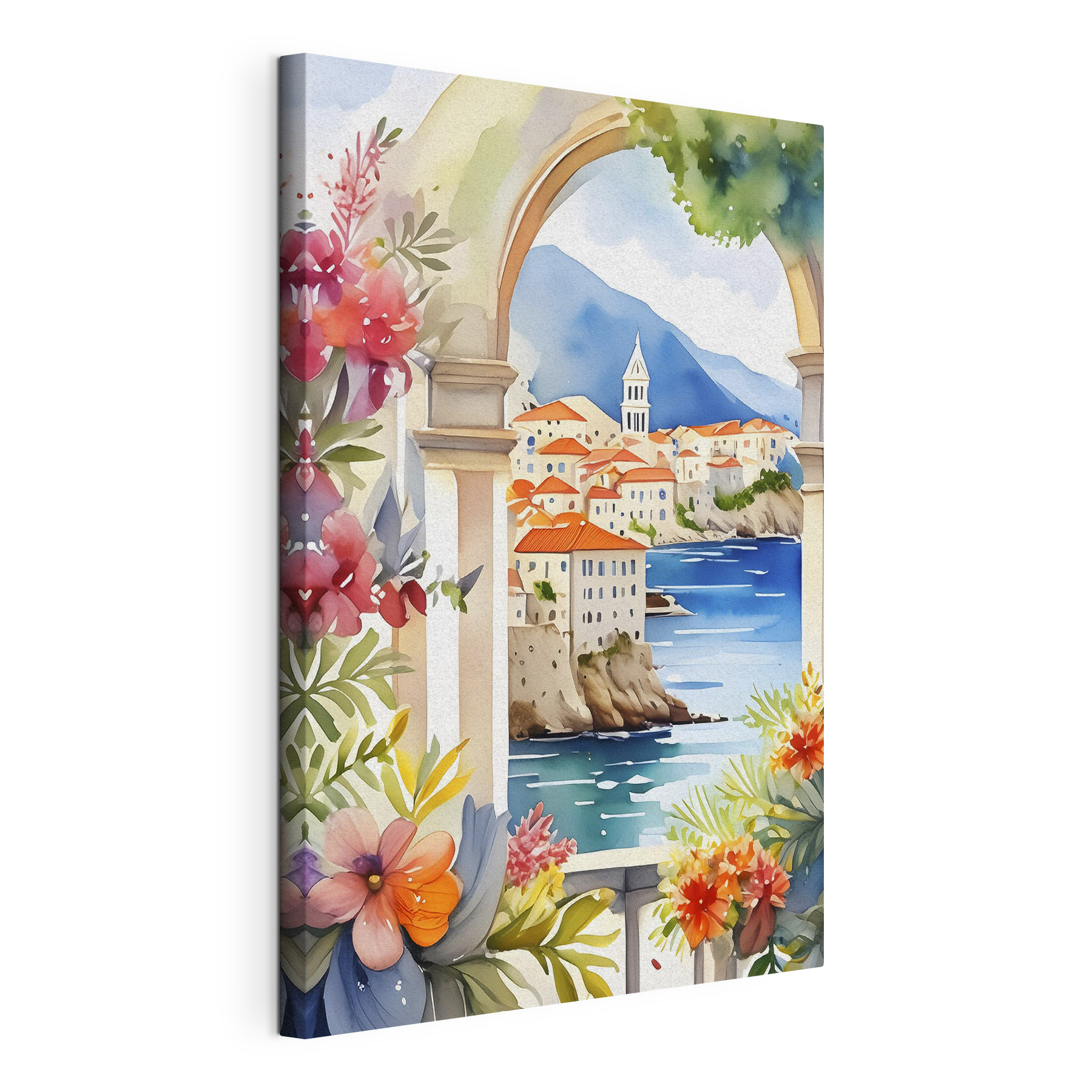 A watercolor painting of a town on a cliff A watercolor painting of a town on a cliff