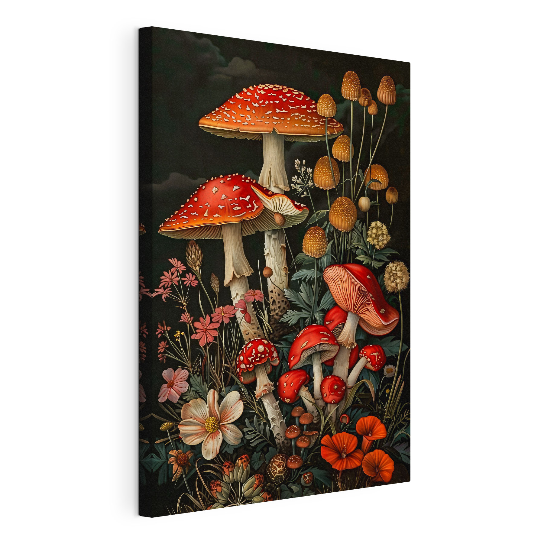 A painting of mushrooms and flowers A painting of mushrooms and flowers
