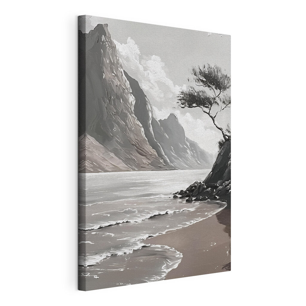 A beach with a tree and a body of water